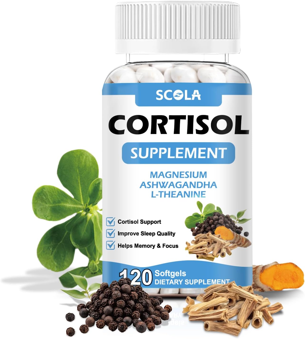 SCOLA Cortisol Supplement for Women and Men with Magnesium, Ashwagandha/L-Theanine, Cortisol Detox Manager, Cortisol Reducer Supports Relaxation & Calm, Mood, Sleep, 120 Count
