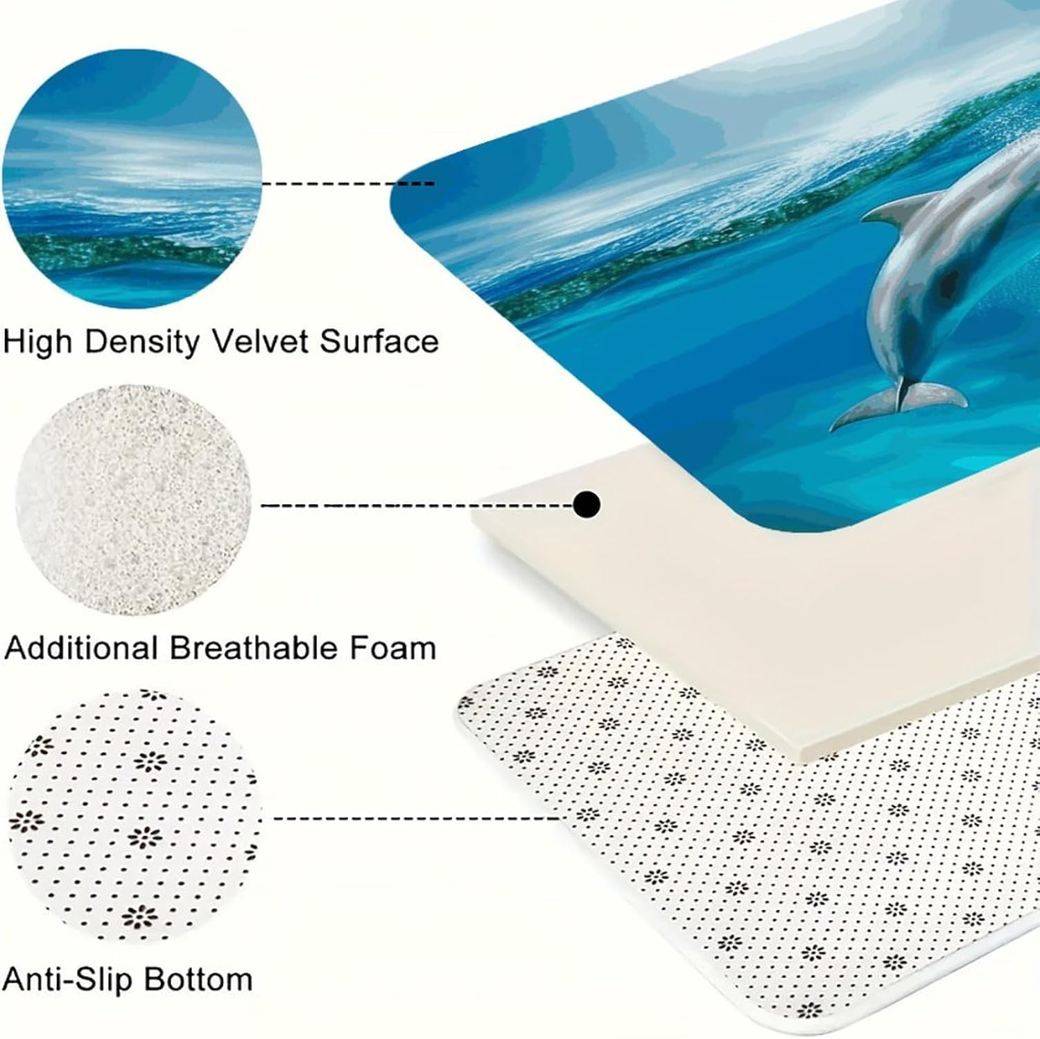 Swimming Dolphin in Blue Sea Kitchen Mats Soft Absorbent Rugs for Floor Non Slip Washable Kitchen Mats Fashion Rectangular Rugs for Three-Piece Set for Laundry Office Home Sink