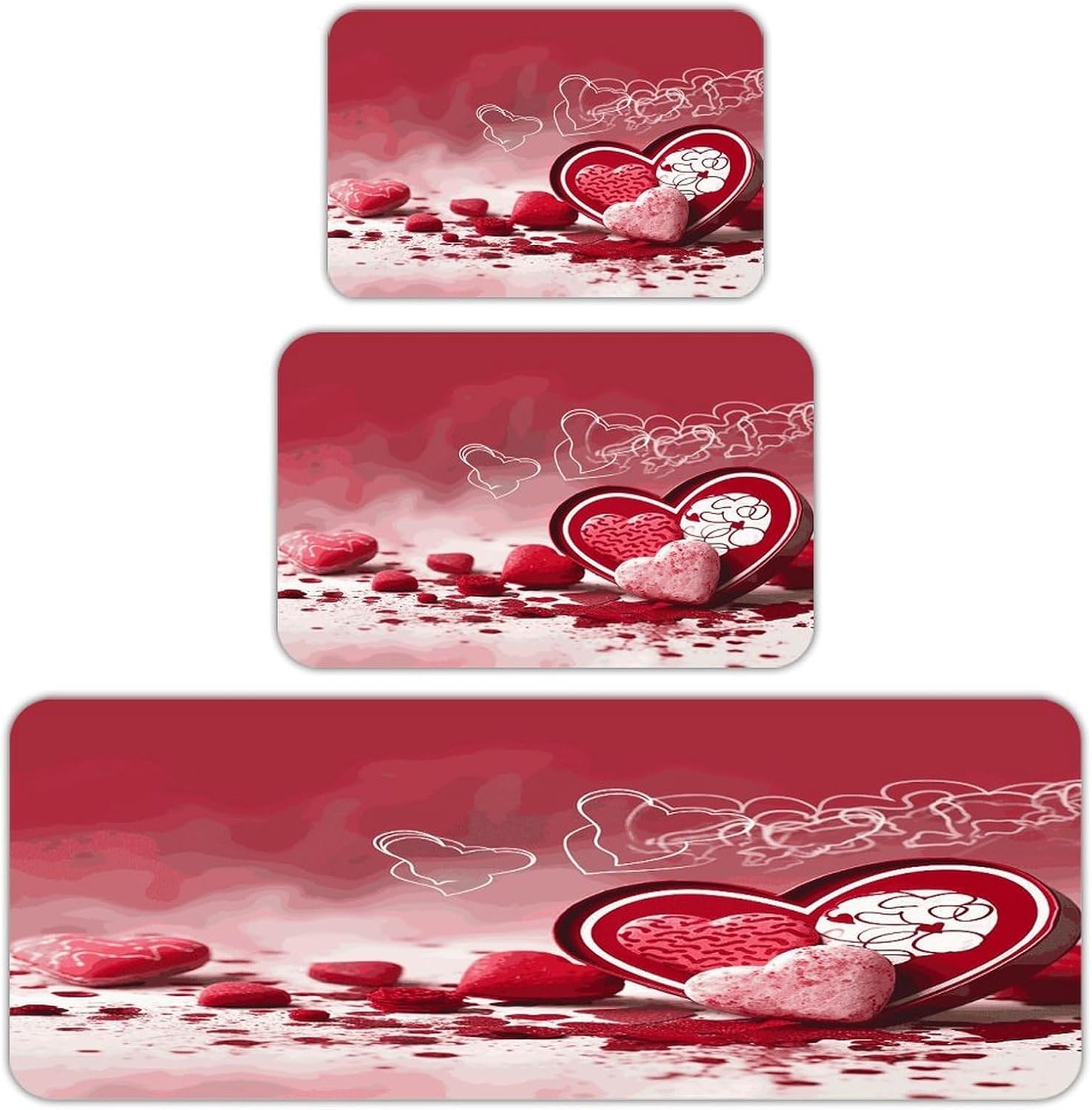 Valentine Day Kitchen Mats Soft Absorbent Rugs for Floor Non Slip Washable Kitchen Mats Fashion Rectangular Rugs for Three-Piece Set for Laundry Office Home Sink