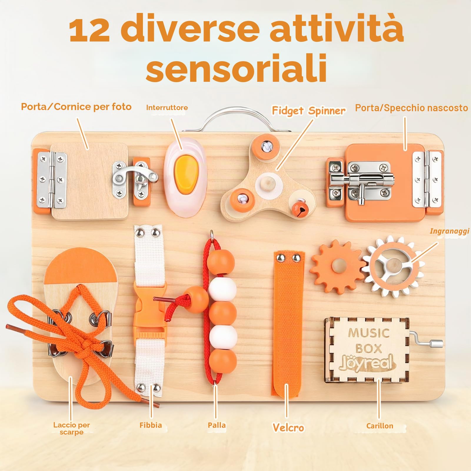 Joyreal Pannello Sensoriale Bambini Montessori - Busy Board Giochi Legno Montessori con Specchio Neonati Giocattoli Giochi Educativi Regalo per Bambini