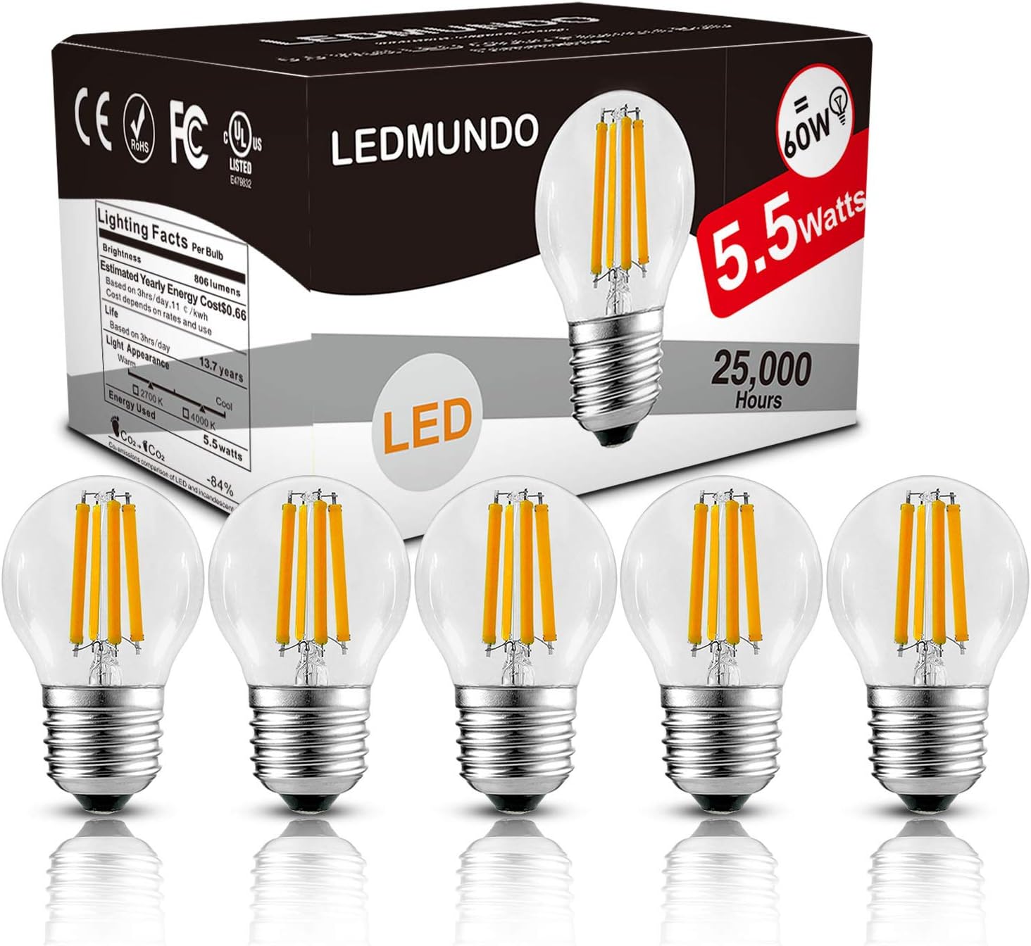 806 Lumen E26 LED Light Bulbs 60 Watt Equivalent, LED Edison Bulb, Fully Dimmable LEDMUNDO 2700K Warm White Chandelier LED Bulb, UL Listed LED Globe Lighting Bulbs, no Flickering, Pack of 5