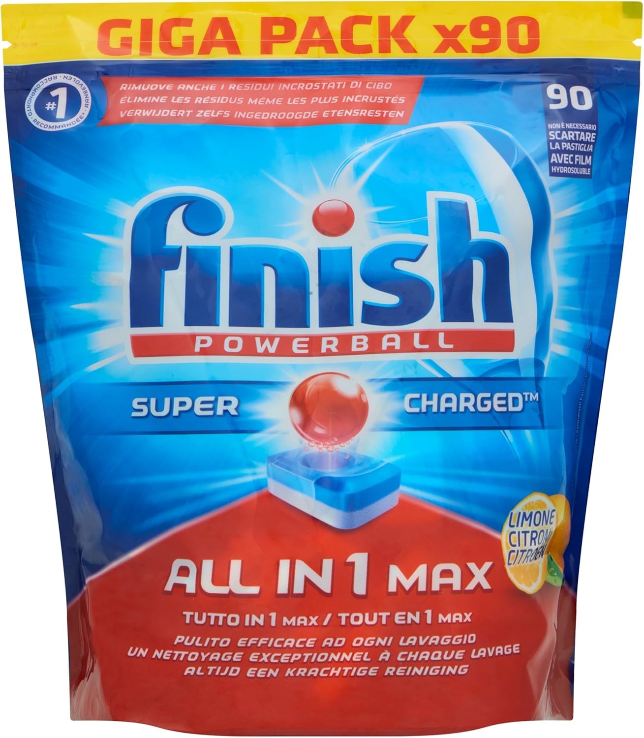 Powerball Super Charged Giga Pack x90 Loads - All-in-1 Max, Clean and Effective with Every Wash, Lemon Scent