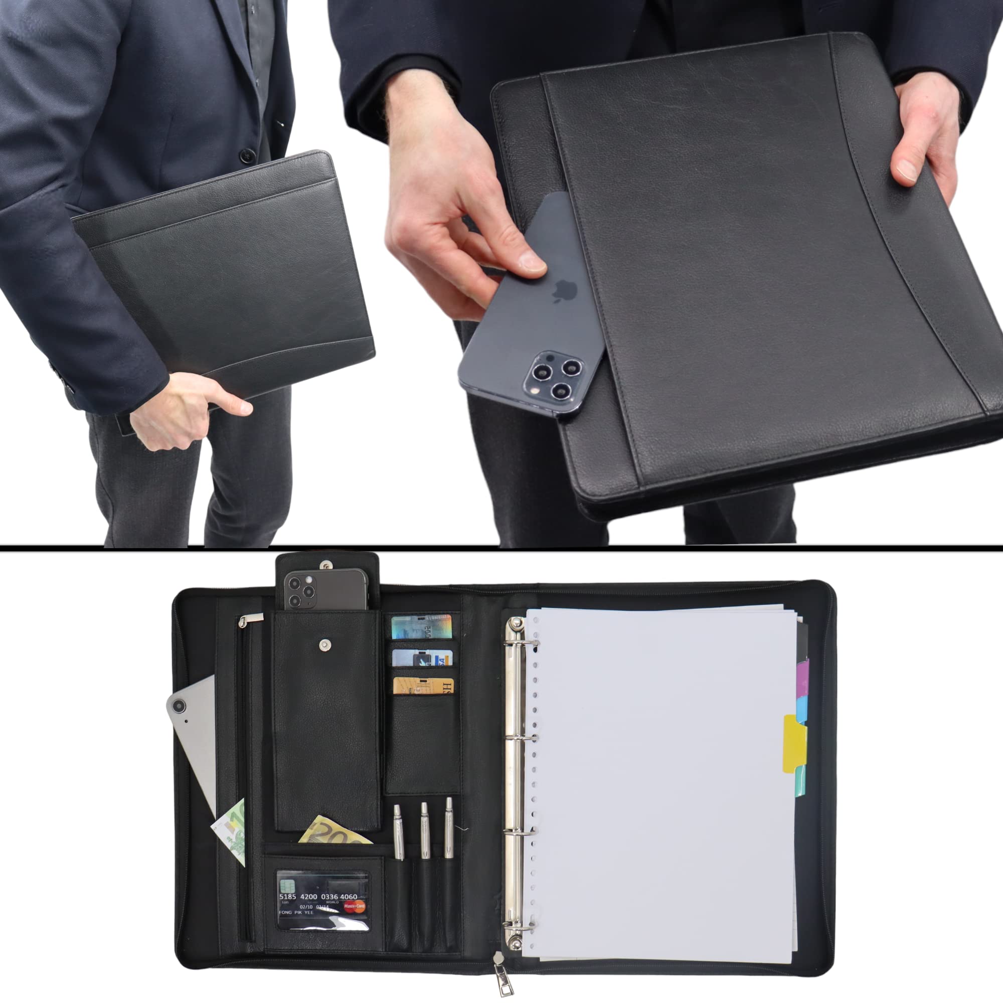 Safekeepers Konferenzmappe A4 mit Reißverschluss - Businessmappe - Ringbuch - Schreibmappe - Ledermappe A4 - Echt Rindleder - Handgefertigte Ledermappe - Laptopfach