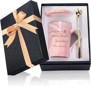 Best Friend Ever Gift with My Lovest Sisters in Heart - Ceramic Marbling Mug 400ml with Lid and Spoon - Gift for Women - Christmas Birthday Gift