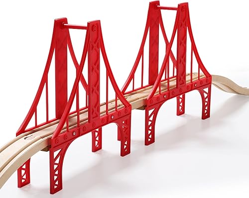 SainSmart Jr. Juego de accesorios de tren de madera, juego de puente de suspensión doble, compatible con Brio, Thomas, Melissa y Doug