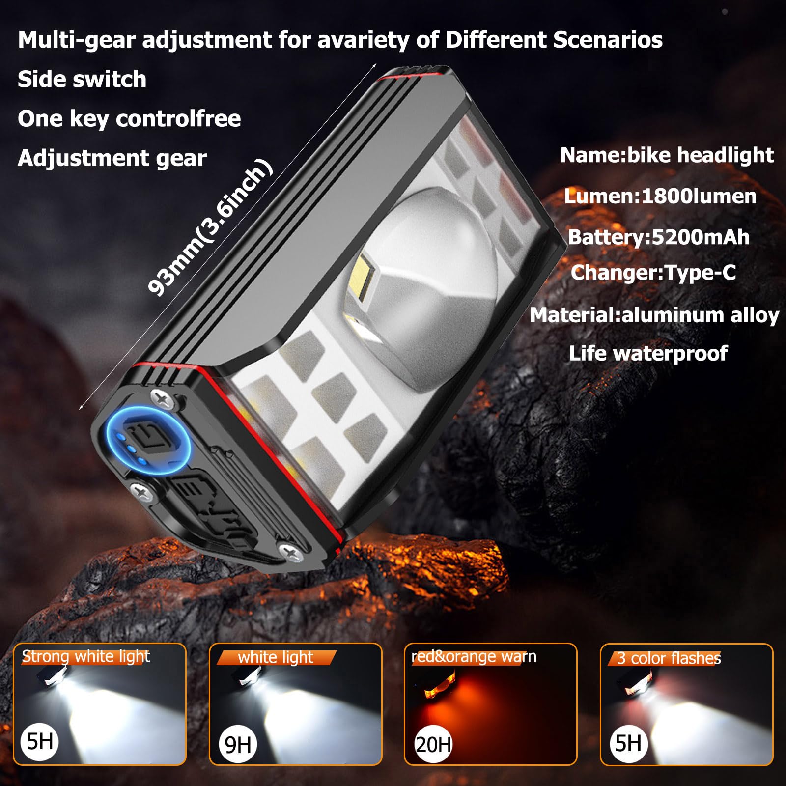 DRCKHROS Bike Light Front,Headlight 1800 Lumen Super Bright LED Lights, USB Rechargeable Cycling Warning Flash Light Handlebar Mount for Men Women Kids Bicycle Accessories