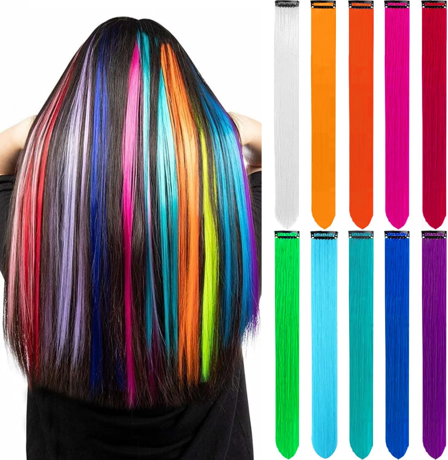 Colored Hair Extensions 10 PCS, Colorful Clip in Synthetic Hair Extensions Party Highlights, Rainbow Long Straight Hairpieces for Girls Women Cosplay Gifts(22 Inch)