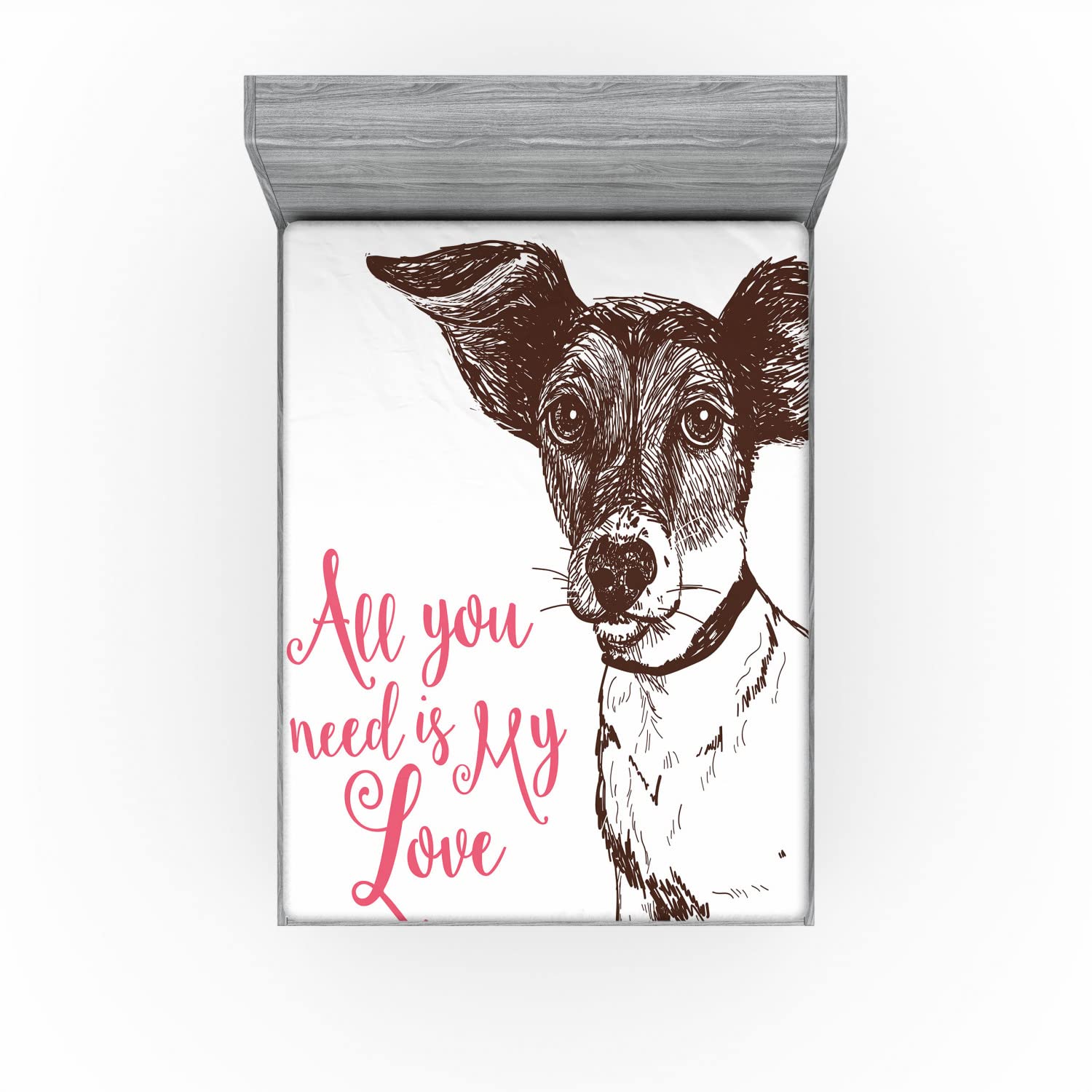 Ambesonne Jack Russell 2 Pack Fitted Sheet, Dog Love Typography, Bed Cover All-Round Elastic Deep Pockets 2 Pieces, Package Contains 2 Full Size Fitted Sheets, Brown Pink