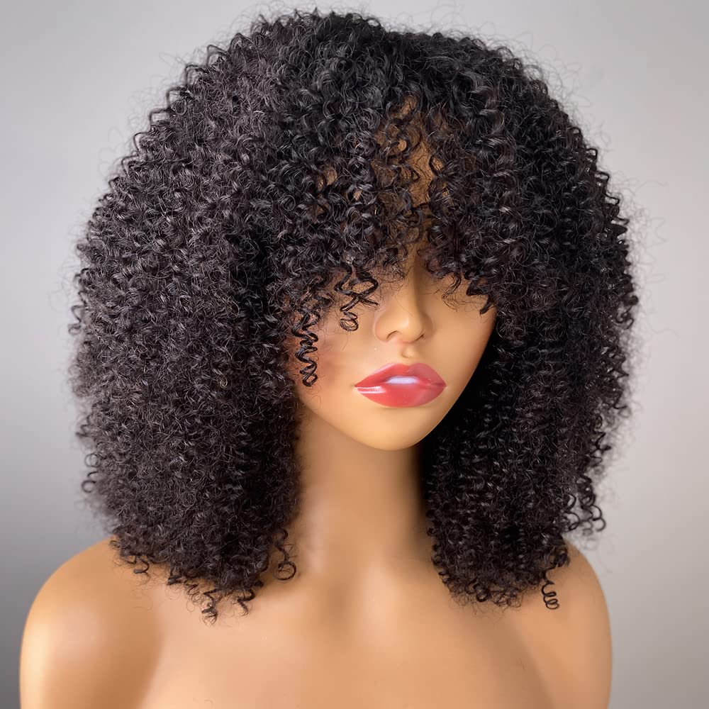 Afro Kinky Curly Bob Wig With Bangs Glueless Fringe Wig Human Hair No Lace Wig For Black Women Mongolian Hair Natural Black Color Brazilian Remy Hair 180% Density Full Machine Made Wig