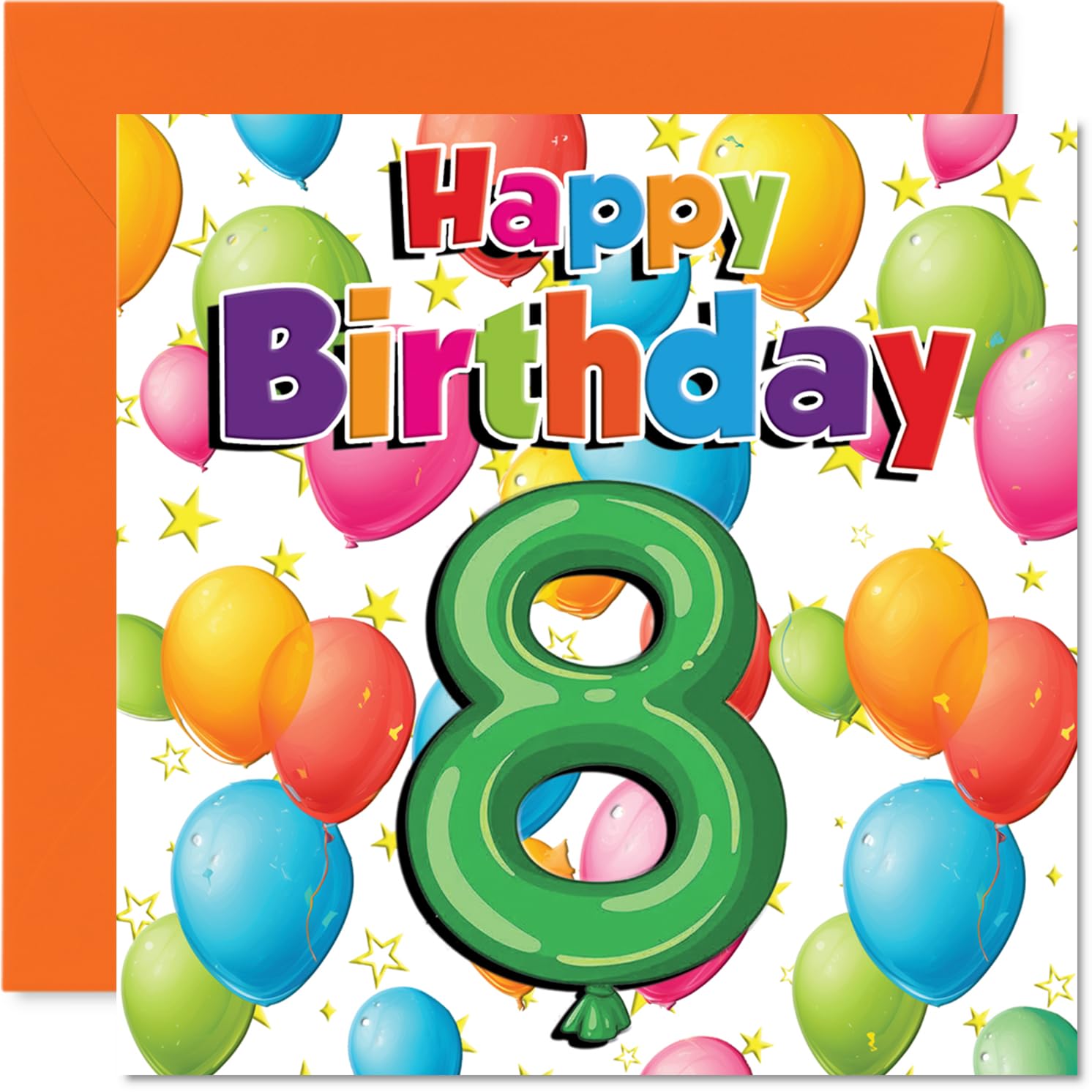 Playful 8th Birthday Card - Big Birthday Energy - Colourful Balloons and Stars Design - Bursting with Cheerful Vibes - 145mm Square, Envelope Included