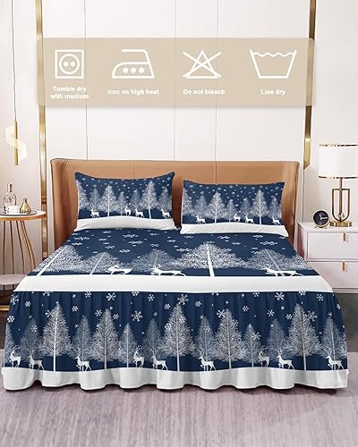 Miniatura 2 de Faldas de cama de Navidad con alce para cama Queen de 18 pulgadas de caída, falda de cama envolvente, colcha plisada con volantes y pinos, bosque de