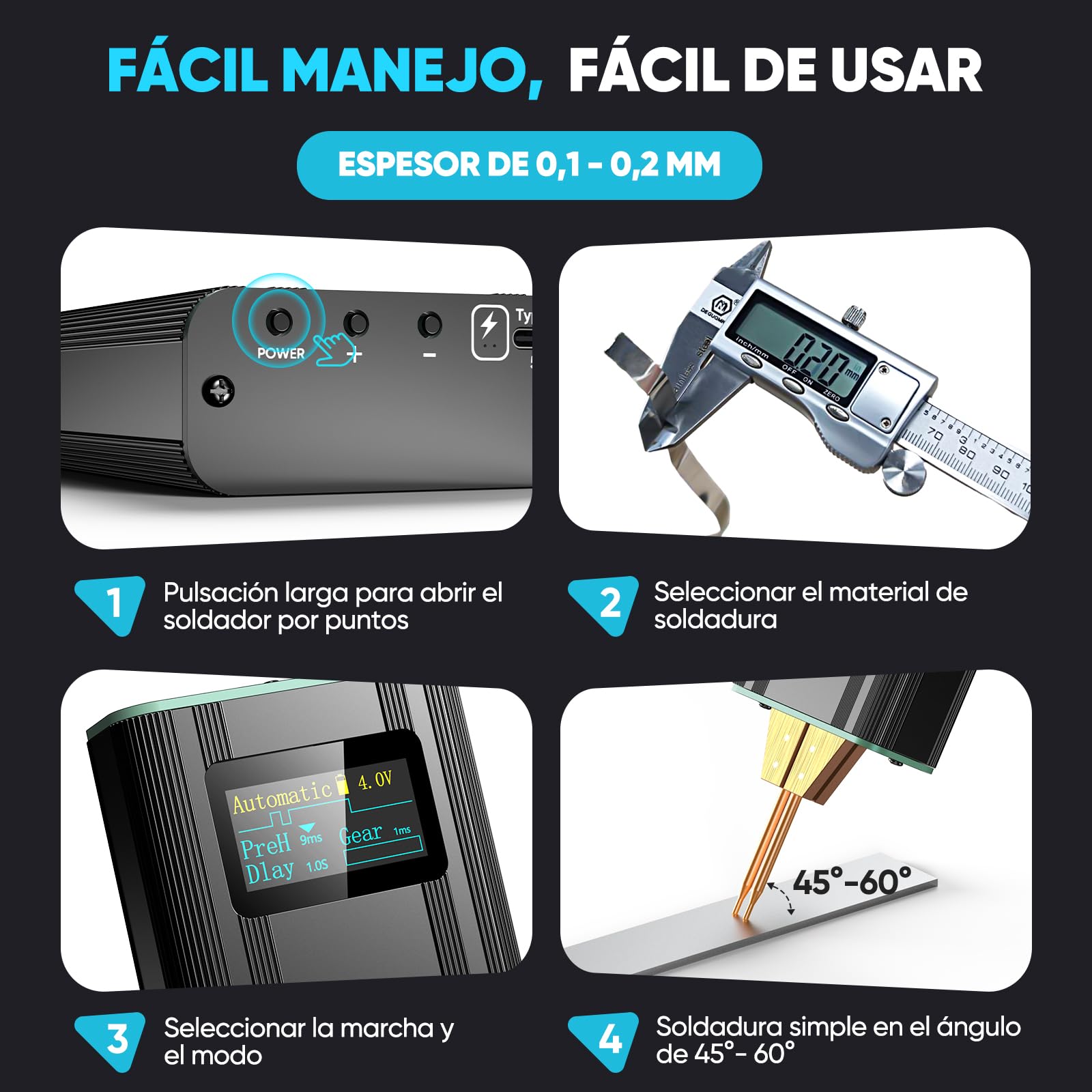 SEESII Mini Soldador por Puntos - SE-209 Soldador de Puntocon con Batería 5,0 Ah 1-80 Niveles para 0,1-0,2 mm Hojas de Níquel, Hierro, Acero Inoxidable, Modo Automático y Manual
