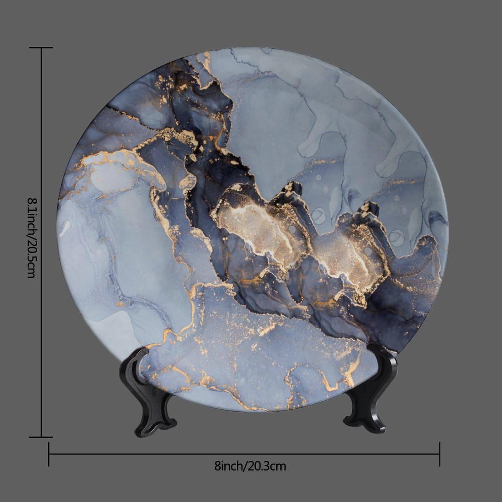 Platos decorativos de cerámica de mármol, 20,3 cm, placa redonda de mármol azul y gris, platos decorativos con soporte, para decoración de sala de estar, cocina, armario, mesa