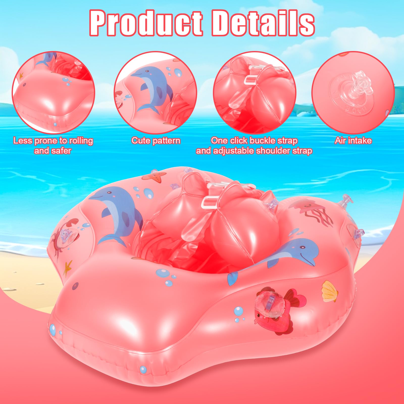 Flotador de Bebe Inflable para 3-36 Meses, Flotador Bebe con Sombrilla y Asiento de Seguridad, Banda de Natación para Bebés, Protección UV UPF 50+, Adecuado Bebe para 5-15 KG(Rosa)