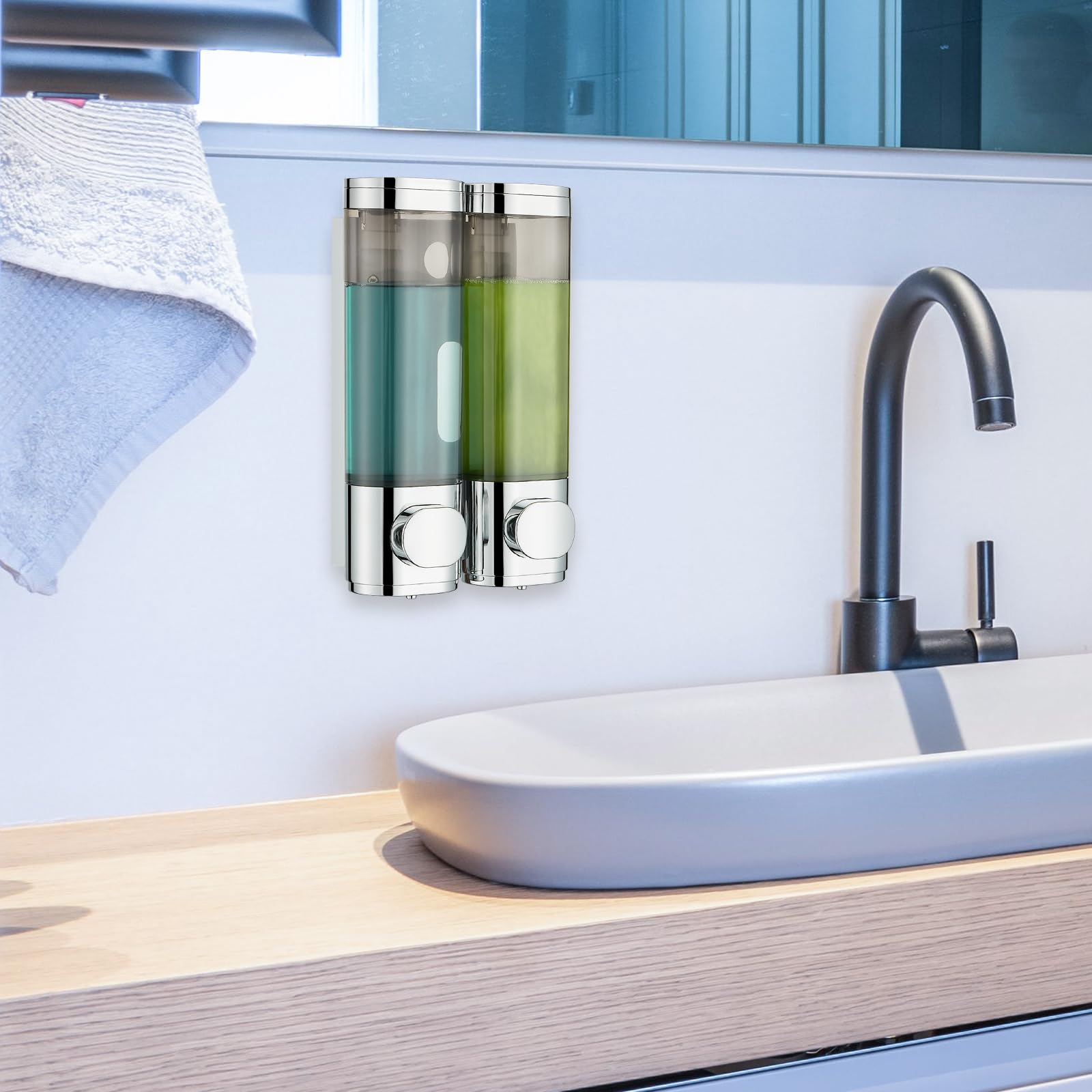 modunful Dispenser doccia a 2 camere, senza trapano, dispenser per shampoo per doccia, montaggio a parete, shampoo, balsamo, bagnoschiuma, per bagno, cromato, 2 camere