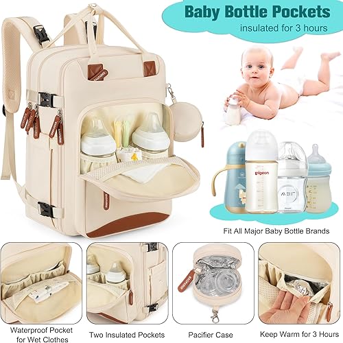 Miniatura 2 de Mochila para pañales, bolsas de pañales impermeables con puerto de carga USB, mochila de viaje antirrobo multifunción, Beige, Mochilas de día