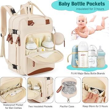 Diaper Bag Backpack,BAGPARKK Multi function Baby Bag with Portable Changing Pad, Pacifier Holder,Waterproof Diaper Bags with USB Charging Port,Anti-Theft Travel Backpack for Mom, Dad, Newborn (Beige)