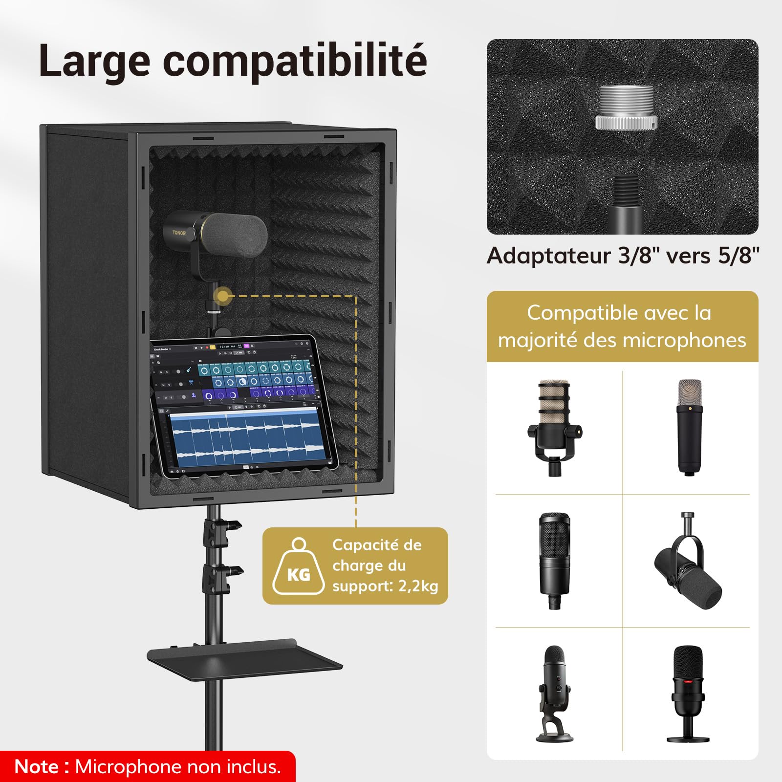 TONOR Panneau D'isolation pour Microphone de Studio, Boîte en Mousse Acoustique Encadrée pour Enregistrement Professionnel, Trépied de Filtre de Microphone pour Absorption Acoustique, 190 cm