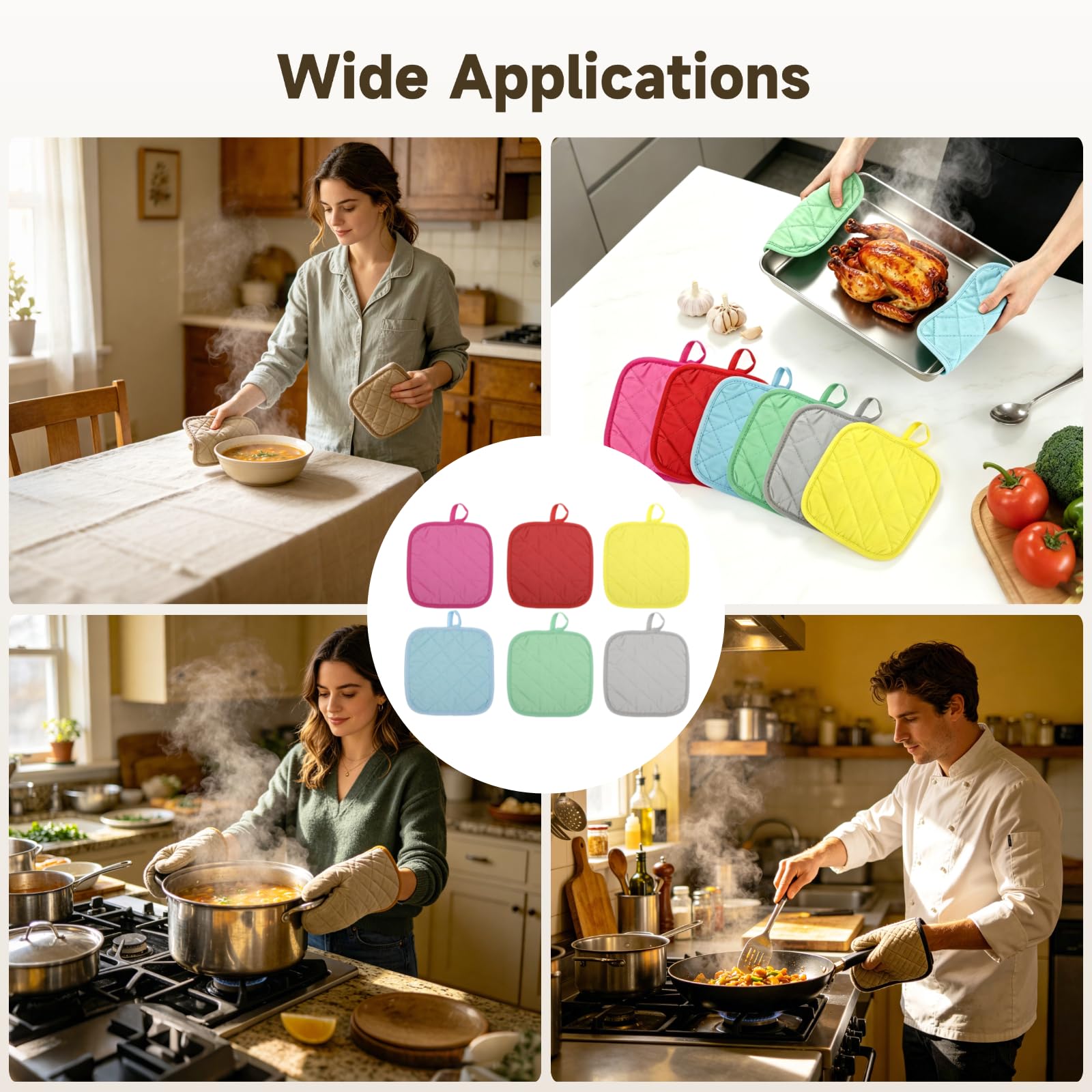 24 STK. Topflappen, 7,1 x 7,1 Zoll, Gesteppte Polyester-Wärmedämmungsunterlage für die Küche, rutschfeste quadratische Topfuntersetzer mit Aufhängeöse zum Kochen, Backen und Essen