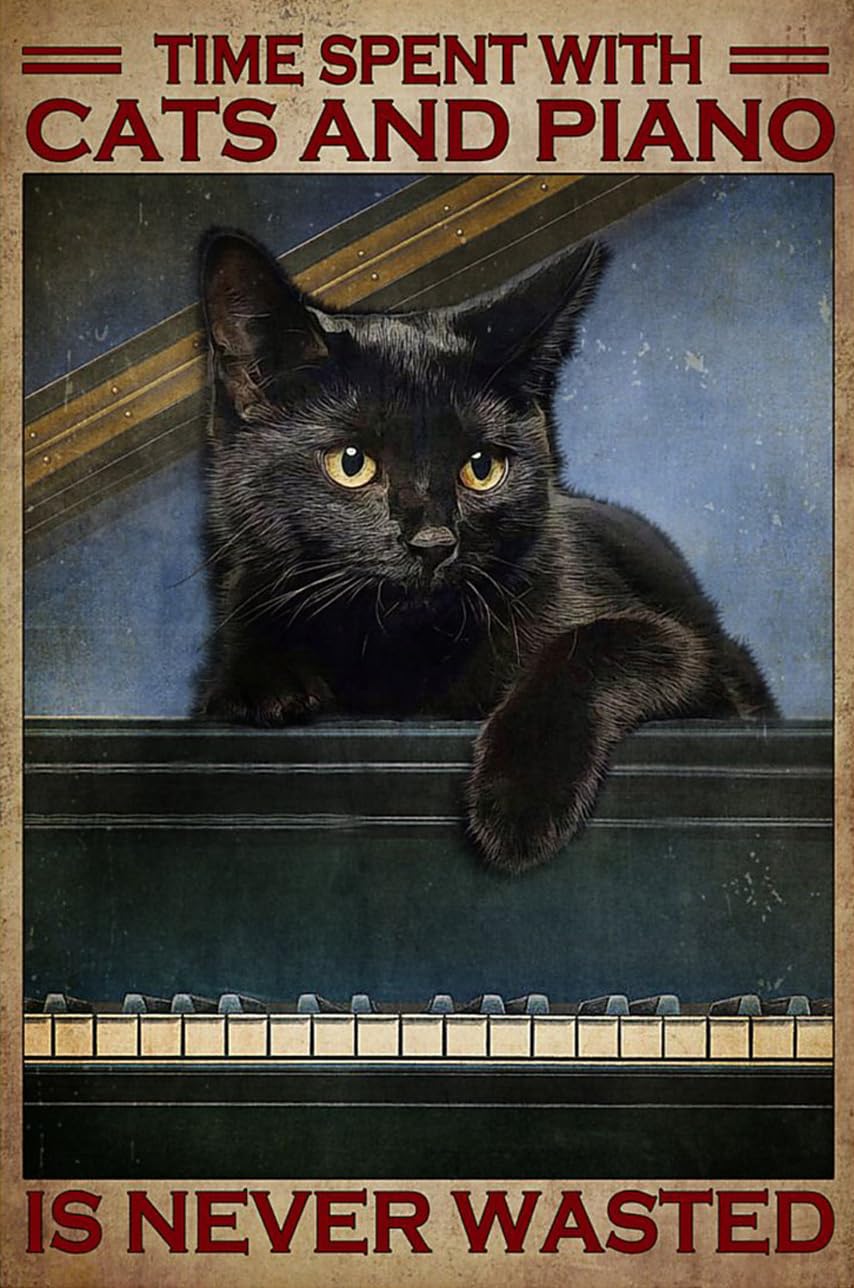 kisoyo Vintage Metal Tin Sign Black Cat In The Piano Time Spent With Cats And Piano Is Never Wasted Novelty Metal Sign for Home Kitchen Parlor Wall Decor 8x12 Inch