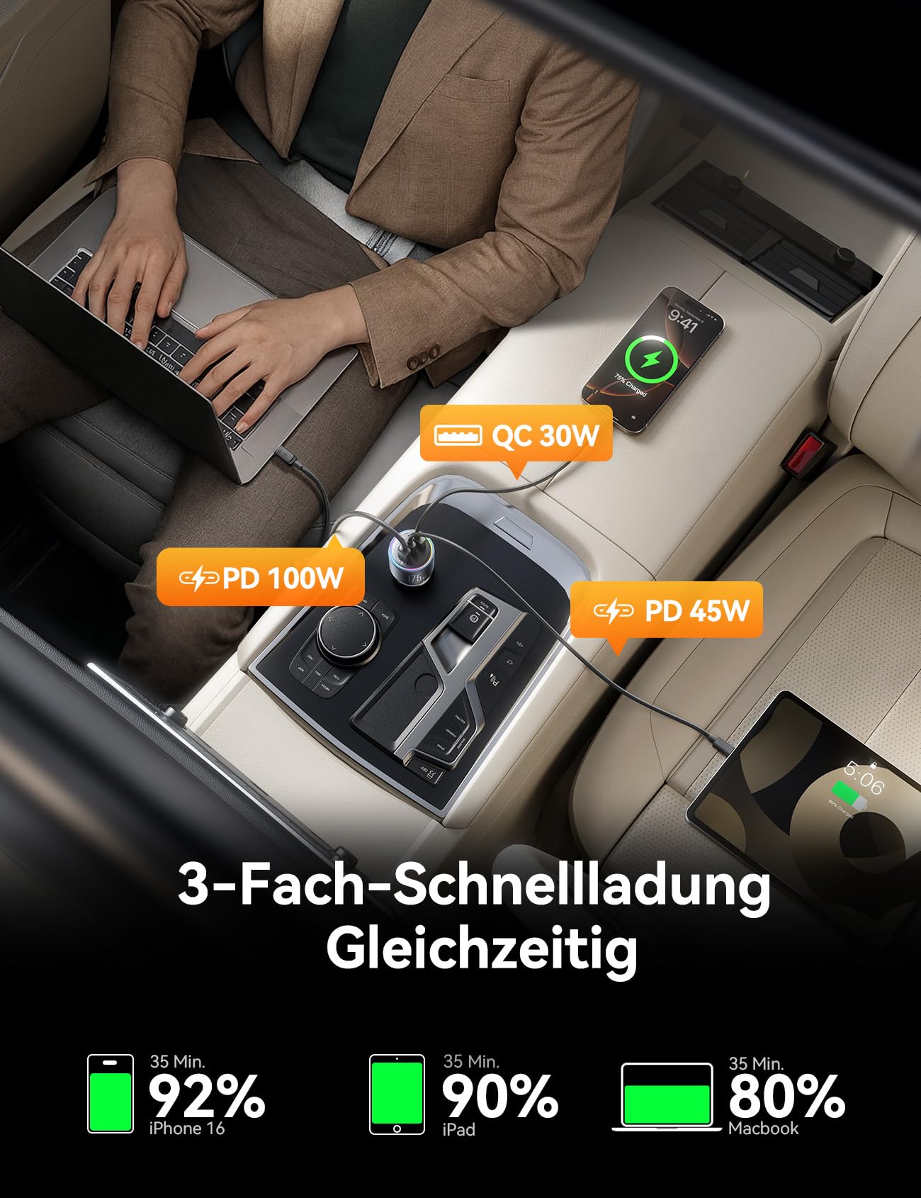 JOYROOM 175W 3-Port Zigarettenanzünder USB C mit 100W C-C Kabel, [3 GaN Chips] Auto Ladegerät Adapter, PD100W & QC3.0 Schnell Kfz Ladegerät für iPhone17/16/Samsung S26/Smartphone/iPad/MacBook/Laptop