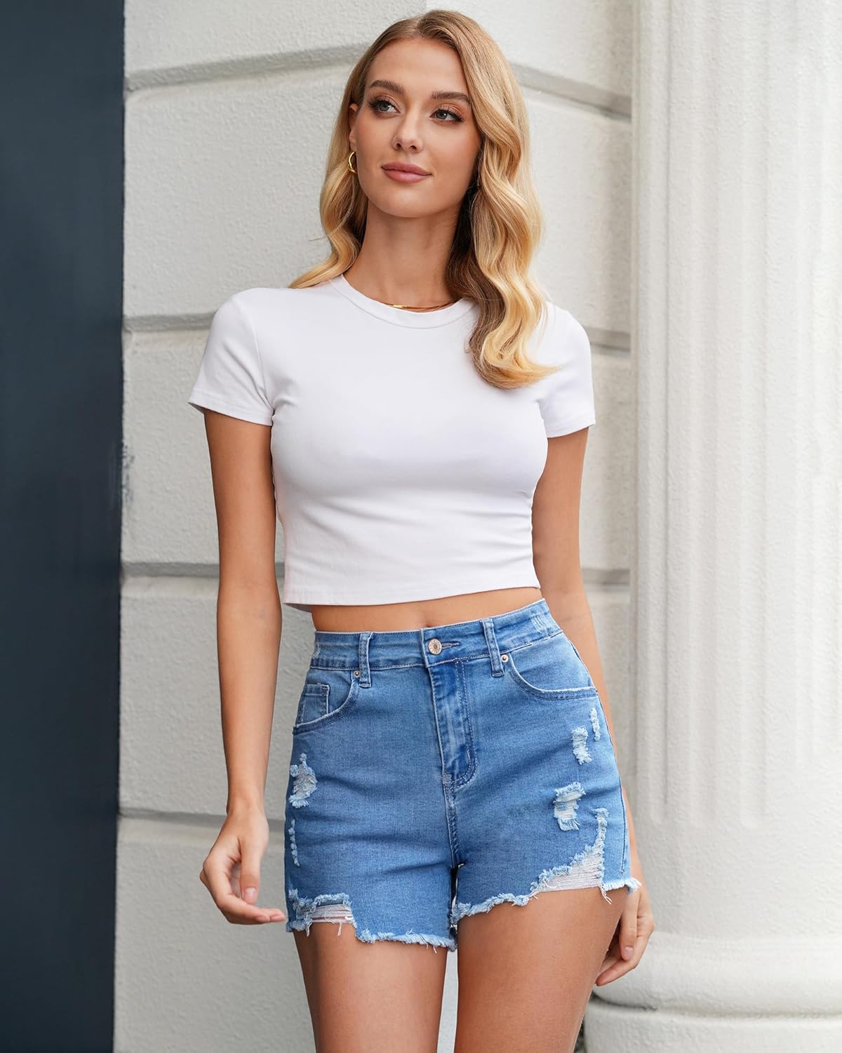 LookbookStore Jean Shorts for Women High Waisted Distressed Frayed Raw Hem Ripped Stretchy Denim Shorts with Pockets - Image 5