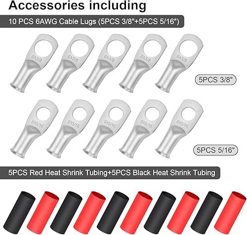 Miniatura 6 de iGreely Cable 6 AWG calibre 6 de 20 pies negro + batería de soldadura roja de 20 pies, cable ultra flexible de cobre puro + 5 conectores de terminal