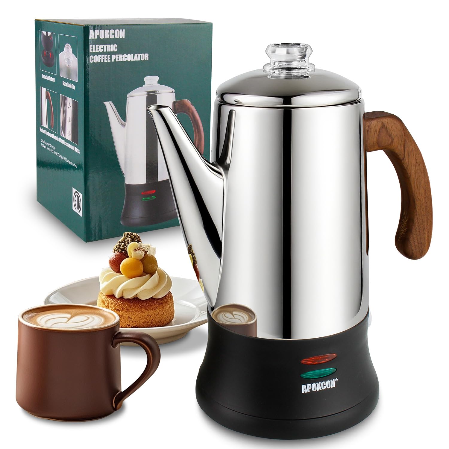 APOXCON Electric Coffee Percolator (8-Cup, Wooden)