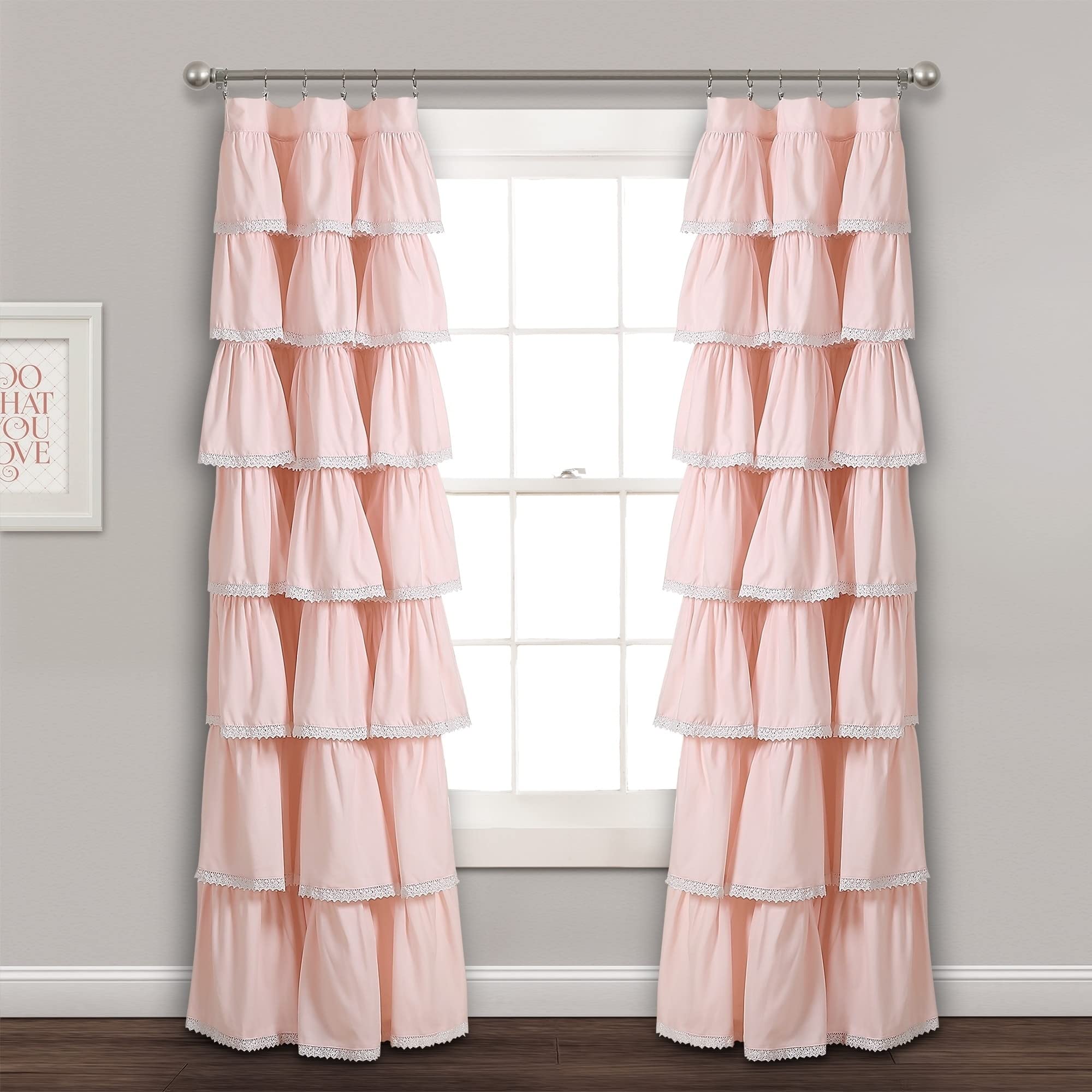 Lush Decor Lace Ruffle Curtain | Shabby Chic Farmhouse Style Window Panel for Living Room, Dining Room, Bedroom (Single), 84” x 52”, Blush