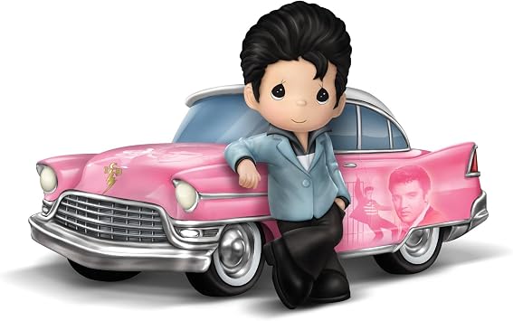 The Bradford Exchange Precious Moments King of The Open Road Elvis Presley Figurine Hand-Painted Resin, Pink Classic car Design, Officially Licensed