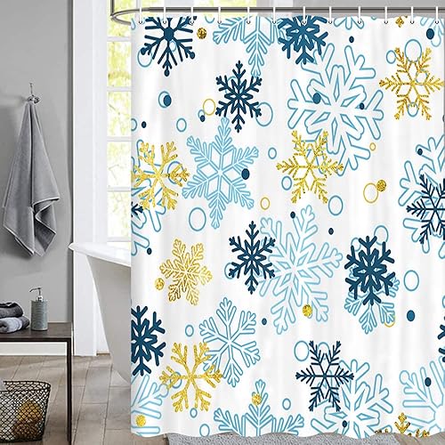 Miniatura 2 de Cortina de ducha de Navidad para baño, decoración de copo de nieve azul caído, juego de cortinas de ducha de tela impermeable para vacaciones de