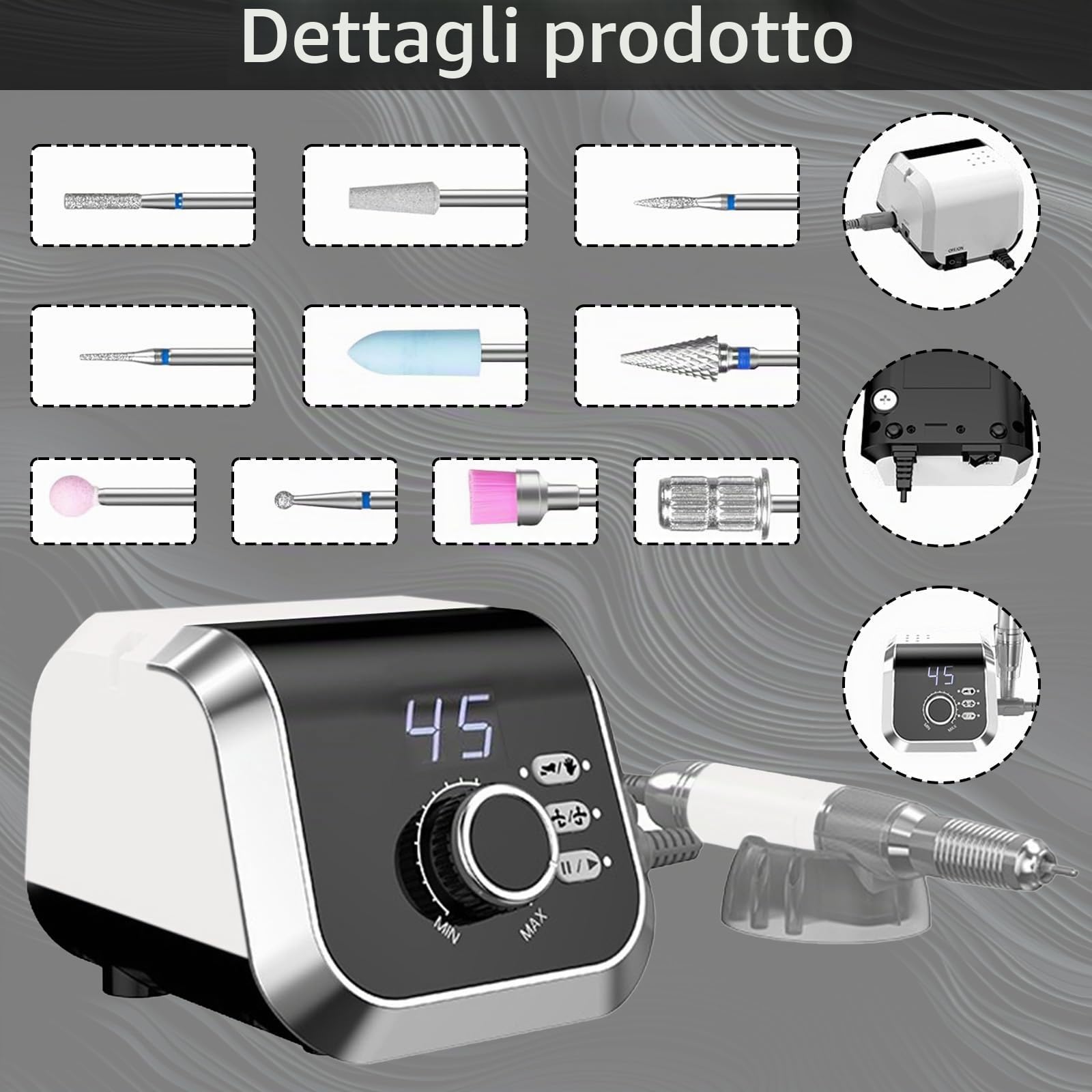 Fresa per Unghie, Fresa per Unghie Professionale da 45000 Giri/Min con 11 Frese per Unghie e 75 Bande Set di Fresa Unghie Professionale con 45 Livelli Regolabili e Display LCD per Casa e Manicure