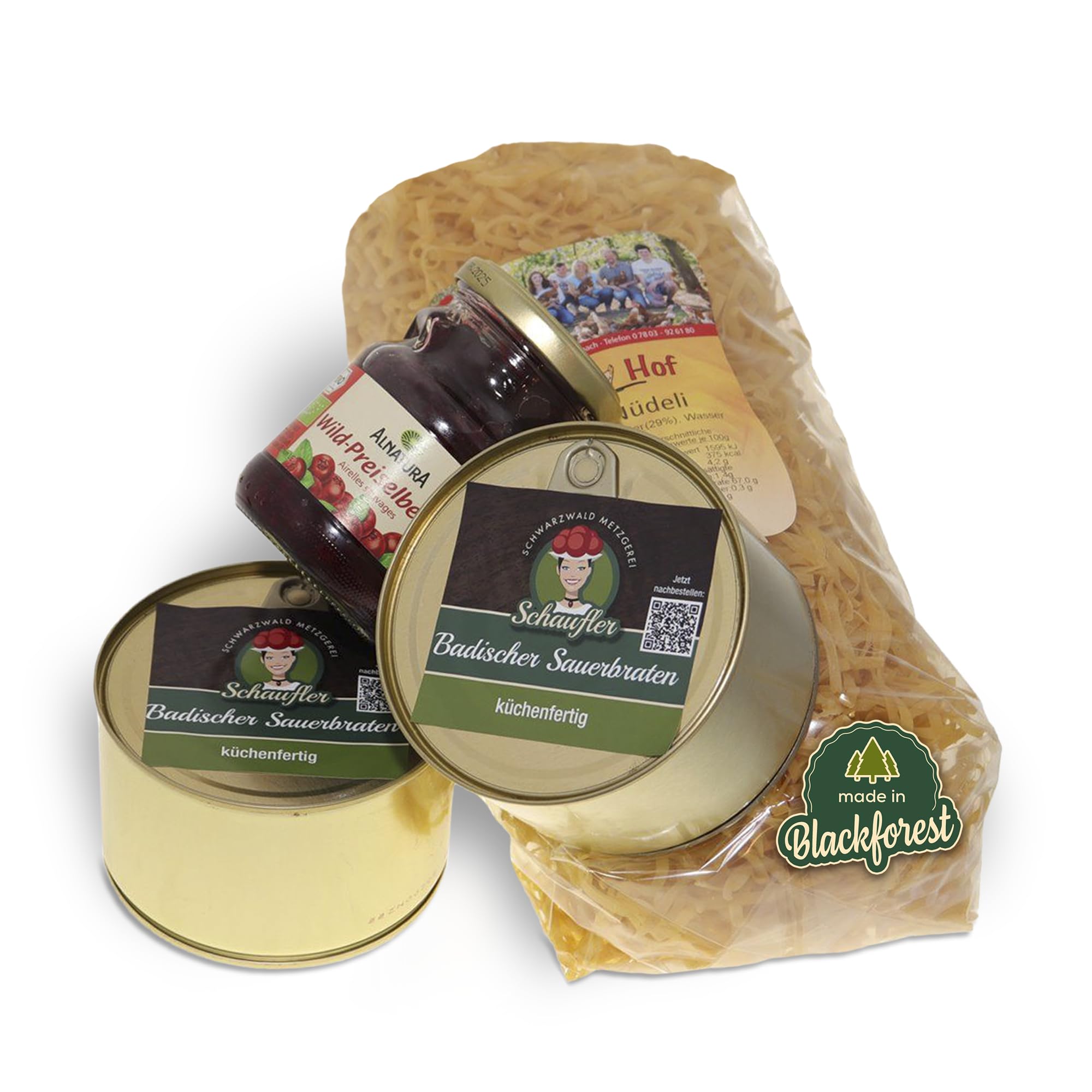 Schwarzwald Metzgerei Schaufler-Sauerbraten Komplett-Set küchenfertig-Original badischer Sauerbraten vom Rind 2 x 400g mit Nudeln & Preiselbeeren-Klassischer Festtagsbraten mit natürlichen Zutaten