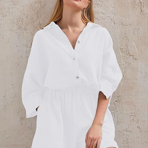 Miniatura 5 de MNDSUDHG Women's 2 Piece Outfits Button Down Short Sleeve Shirts and Shorts Set Summer Sweatsuits Loungewear Vacation Outfits