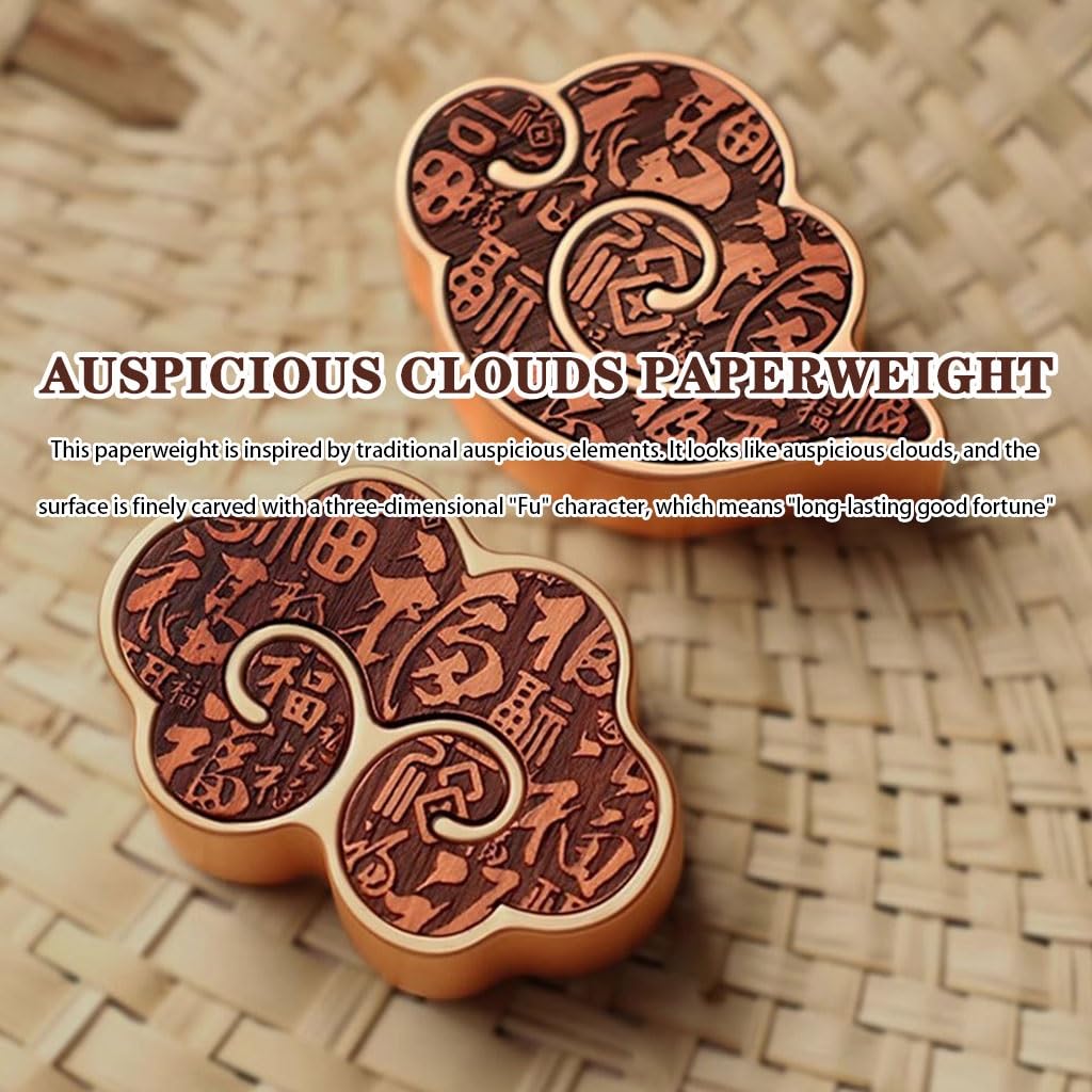 Presse-Papier Chinois « Nuages ​​de Bon Augure », Mini-décoration avec Le Caractère « Fu » Gravé, Métal Et Palissandre, Pressage De Livres Et Pratique De La Calligraphie(A,2 pcs)