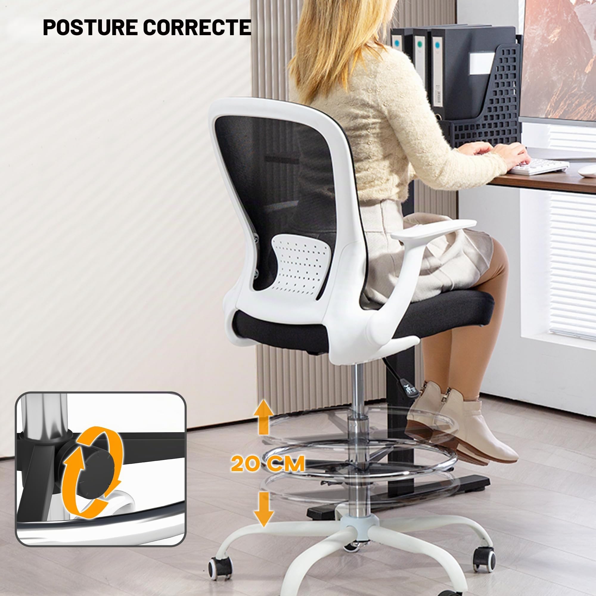 HOMCOM Chaise de bureau haute ergonomique avec accoudoirs rabattables, dossier en maille, soutien lombaire, anneau de pied réglable, roues pivotantes, pour bureau debout, noir et blanc