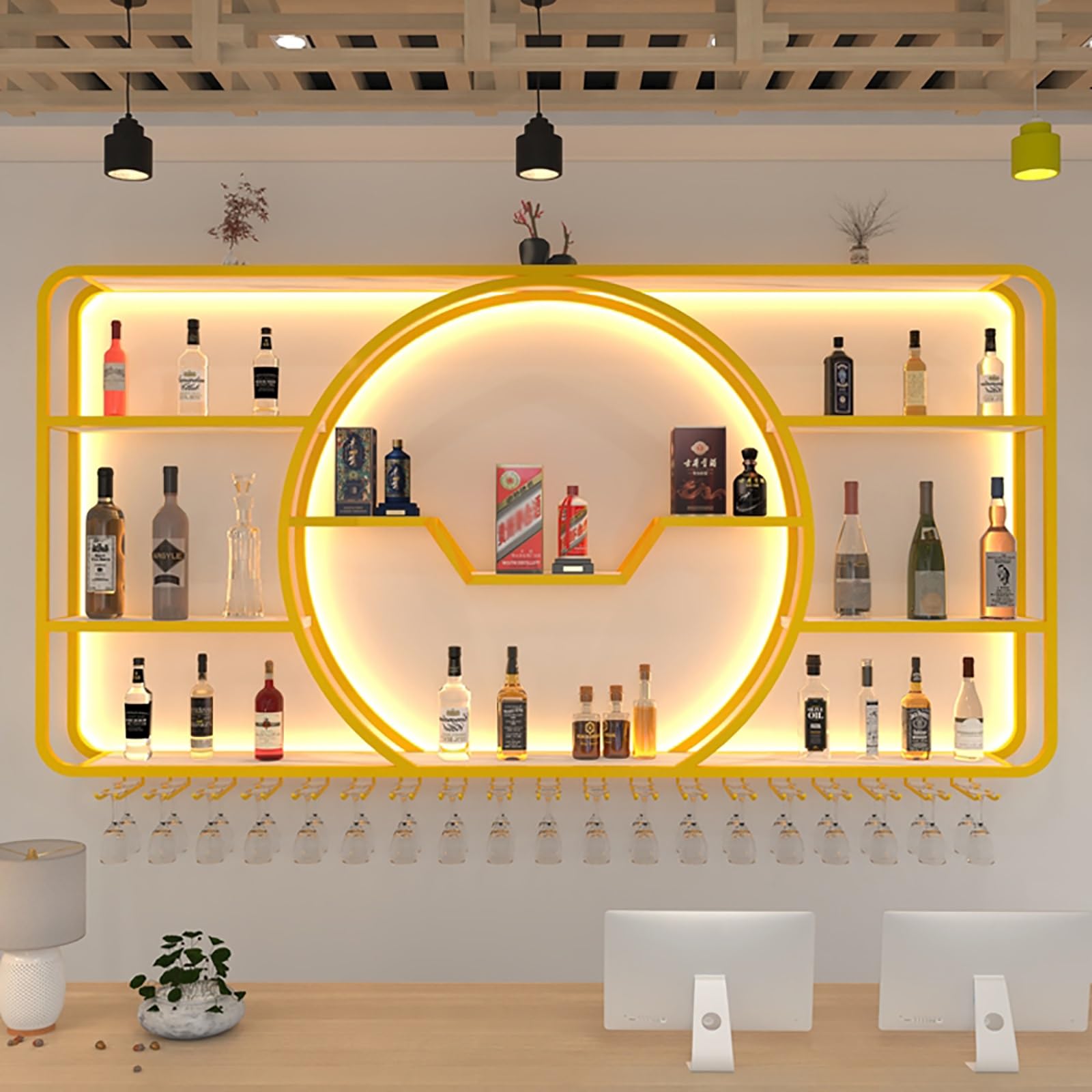 AYCDL Rack Wall Mounted With Glass Holder, Bar Shelf, Floating Shelves, LED Lights, Liquor Bottle Display, Hanging Storage Racks - Kitchen Cellar Organizer,Gold-160X20X100cm