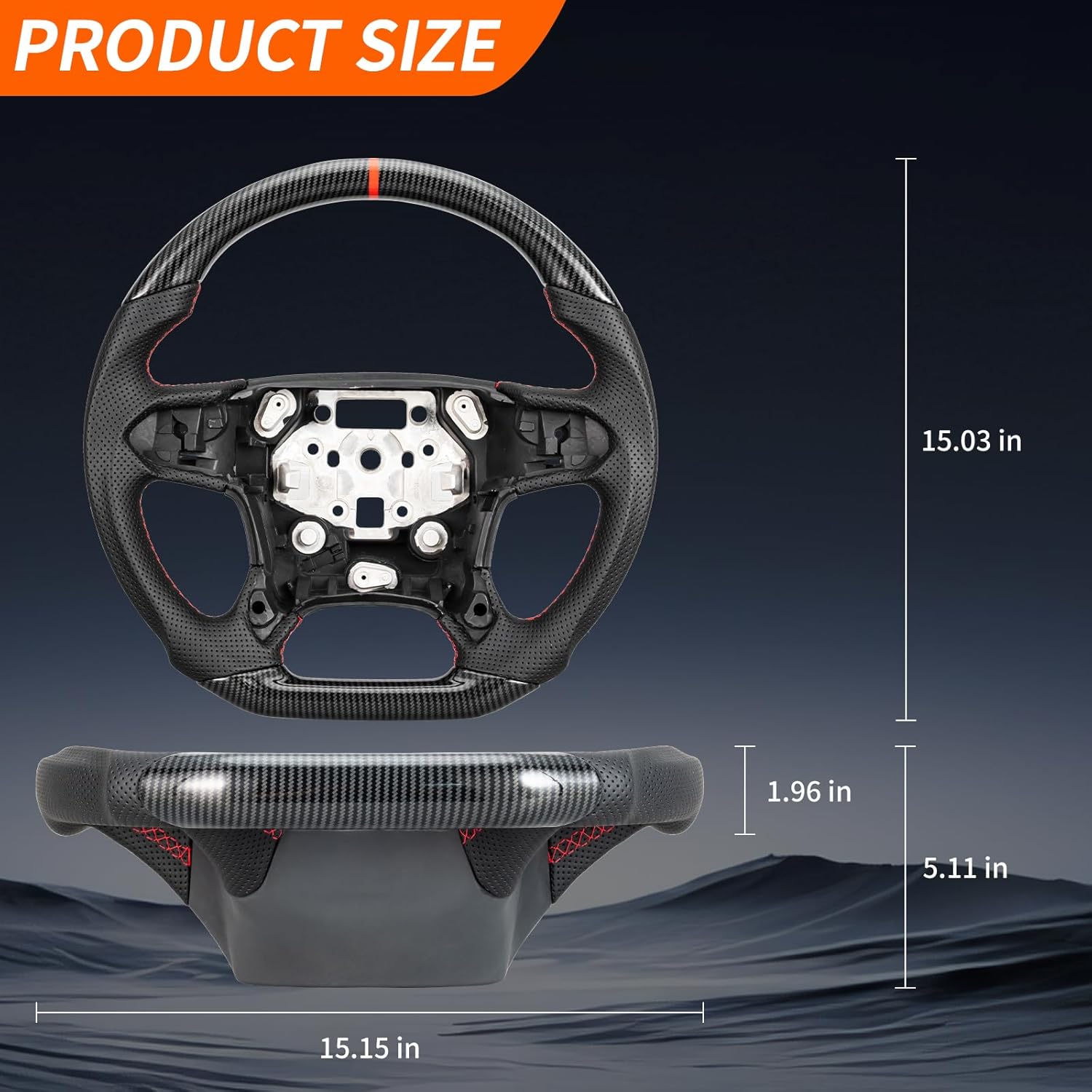 Handcrafted Flat Bottom Hydro Dip Carbon Fiber Steering Wheel Fit for Chevrolet Silverado/Suburban/Tahoe 2014-2018, Red Center Line with Perforated Leather Grip