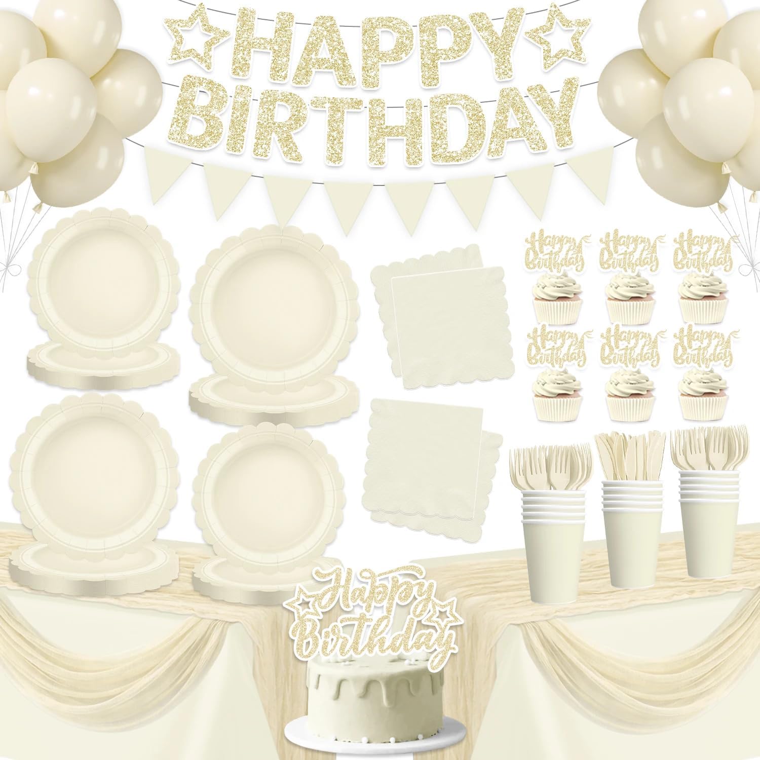 Ivory Scalloped Paper Plates and Napkins Set Disposable Party Supplies