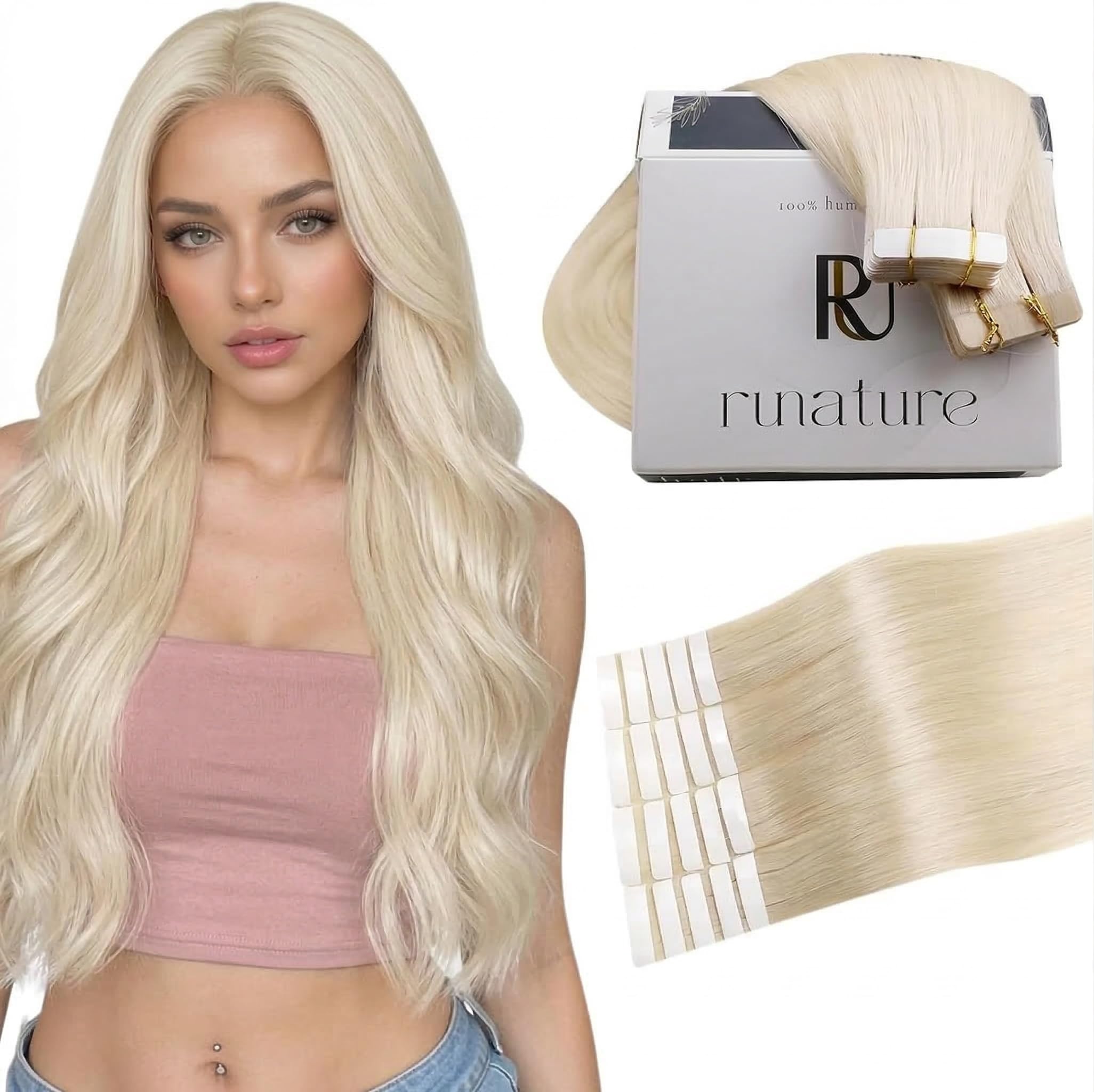 RUNATURE Blonde Tape Hair Extensions Real Human Hair Tape in Hair Extensions Human Hair Invisible Tapes Remy Straight White Blonde Hair 20pcs 50g 18 Inch #800