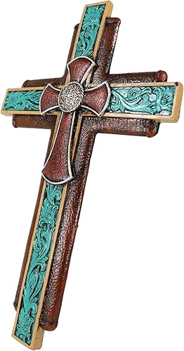 Miniatura 3 de Ebros Gift Rústico suroeste de la Toscana adornado concho turquesa pergamino de encaje en capas de cuero sintético Crucifijo Crucifijo decoración