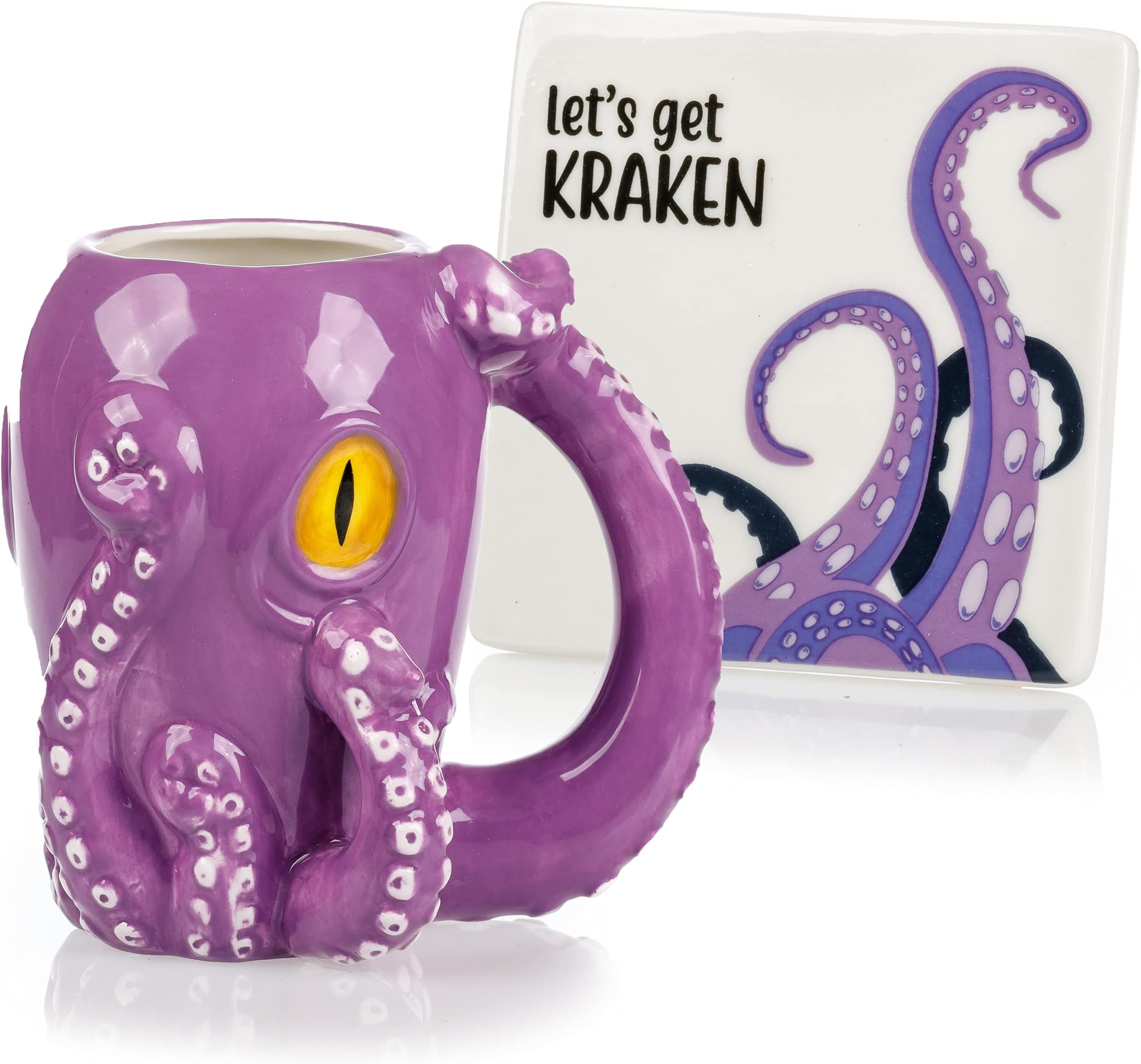 infloatables Octopus Mug and Coaster Set - Octopus Coffee Cup holder - Ceramic Coffee Mug 5 Inches Tall - Octupus Mug -Holds 12 Oz - Handcrafted 3D Octopus Coffee Mug Octopus Mug Holder Cool Mug