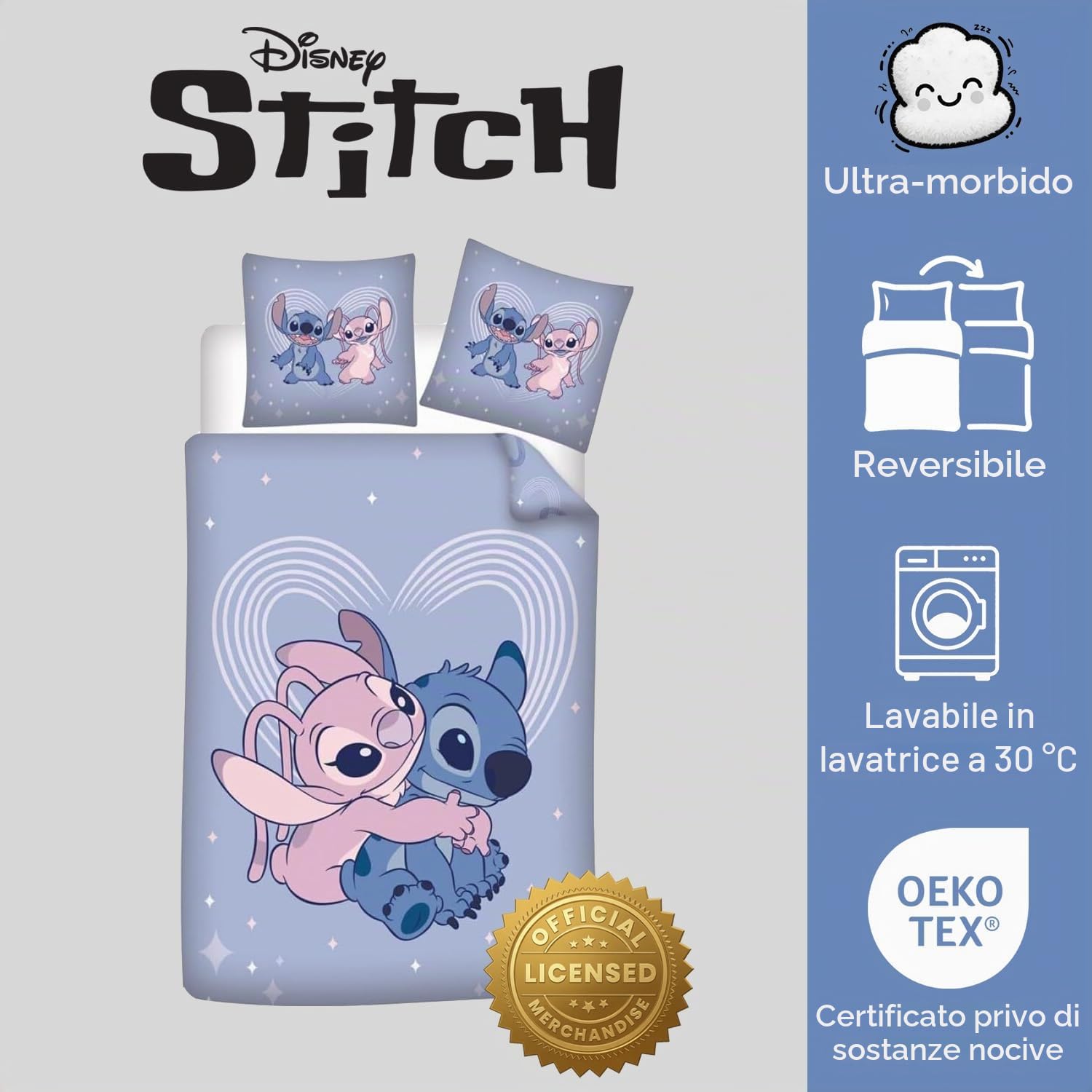 Aymax Stitch & Angel - Set biancheria da letto, 100% cotone, copripiumino 140 x 200 cm + federa per cuscino 65 x 65 cm