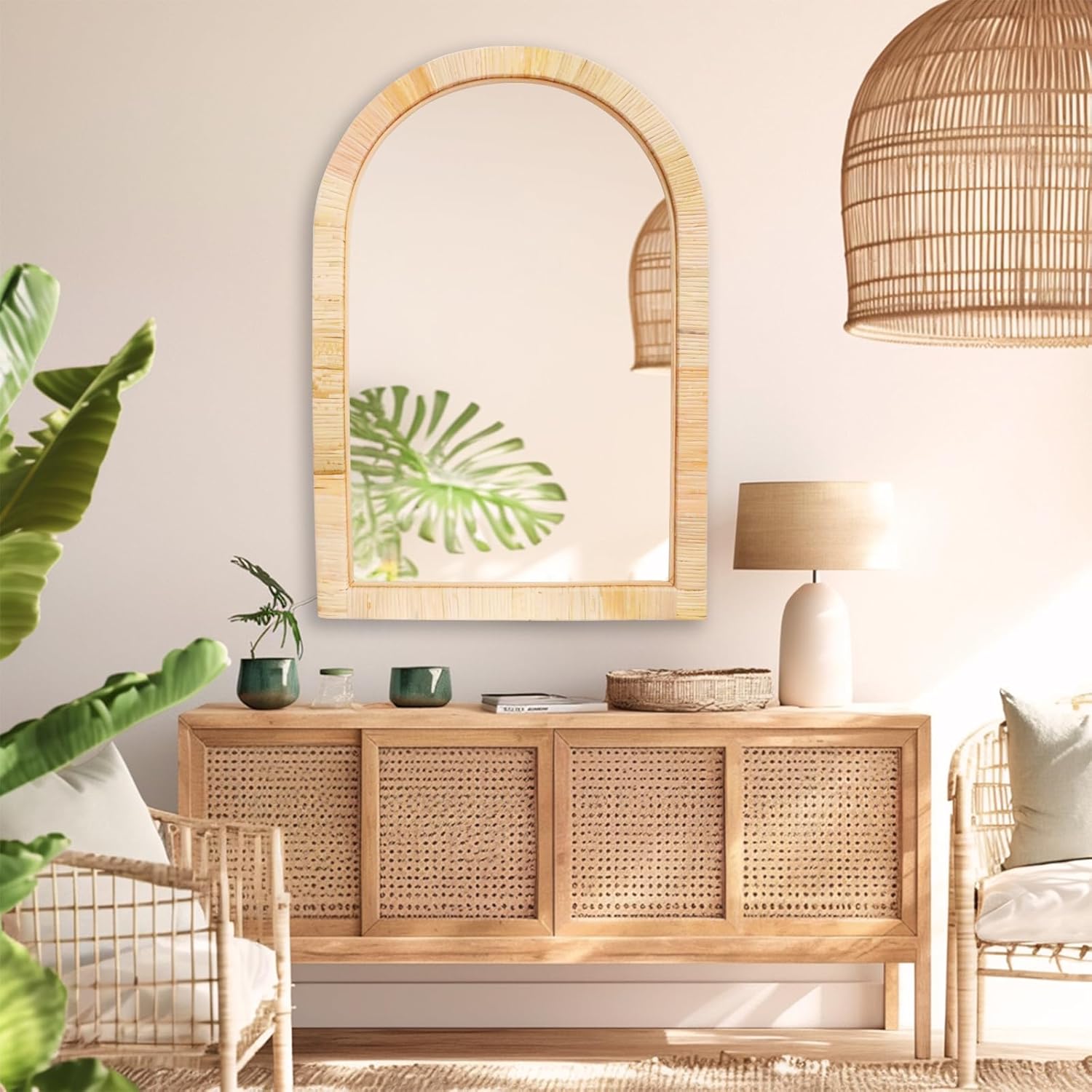 Rattan Mirror,Arch Boho Bathroom Mirror for Wall,20x30 Wicker Vanity Mirror for Nursery Décor,Coastal Farmhouse Wood Mirror for Bedroom Entryway Living Room
