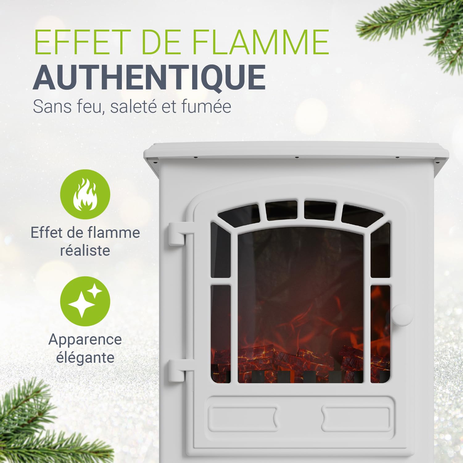 Juskys Cheminée électrique 2000 W – Blanc, cheminée autoportante avec Effet de Flamme, 2 Niveaux de Chauffage, Thermostat et arrêt de sécurité pour Le Salon