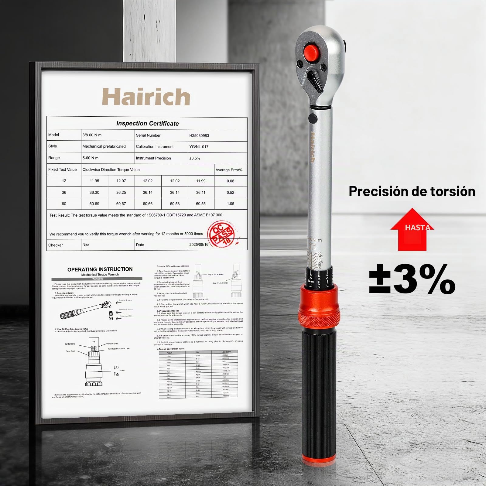 Hairich Llave dinamométrica de 3/8 pulgadas 5-60 Nm para bicicleta, motocicleta y coche – 72 dientes cabeza de carraca, juego de 3 piezas con extensión de 125 mm y adaptador de 3/8 "-1/4", perfecto