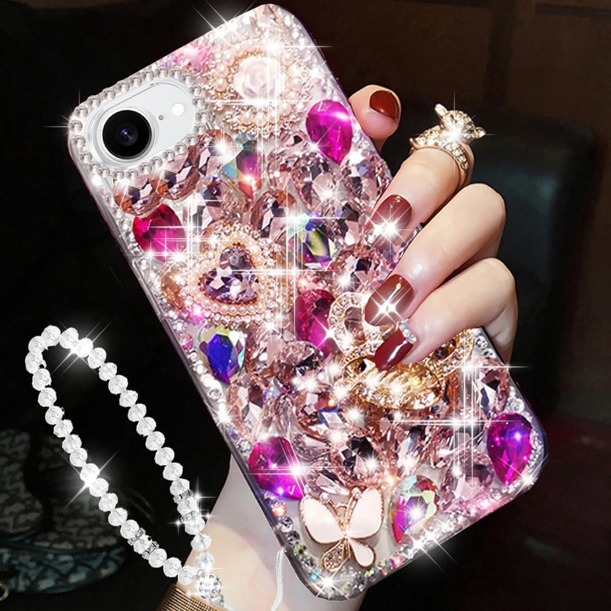 for iPhone 16e Glitter Bling Case, Cute Luxury 3D Sparkle Crown Crystal Rhinestones Diamond Gemstones Pearl with Lanyard Wrist Strap Women Girls Phone Case for iPhone 16e 6.1" 2025 (Hot Pink)
