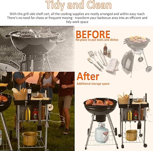 Miniatura 6 de Carrito de mesa auxiliar con ruedas para parrillas Weber de carbón de 18/22 pulgadas, soporte de preparación al aire libre con ruedas, estantes