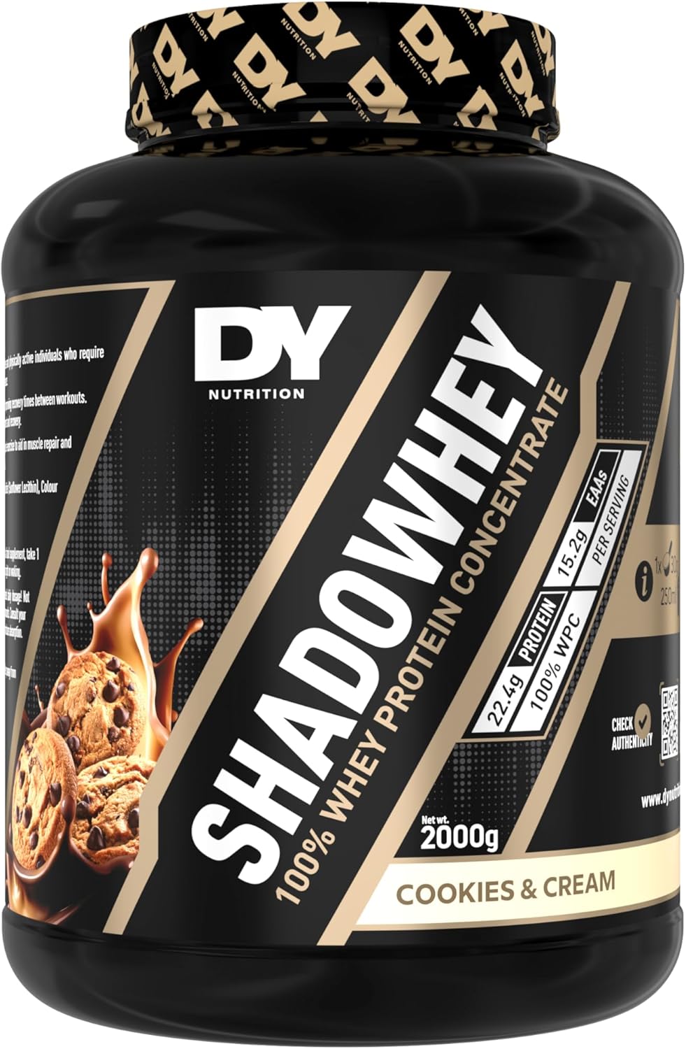 DY Nutrition – Shadowhey Whey Protein Concentrate Powder 2Kg | 23g Protein per Serving | 66 Servings | 7.3g of BCAAs | Sourced from EU Grass-Fed Cows | Easy Mix & Digest Formula (Cookies & Cream)