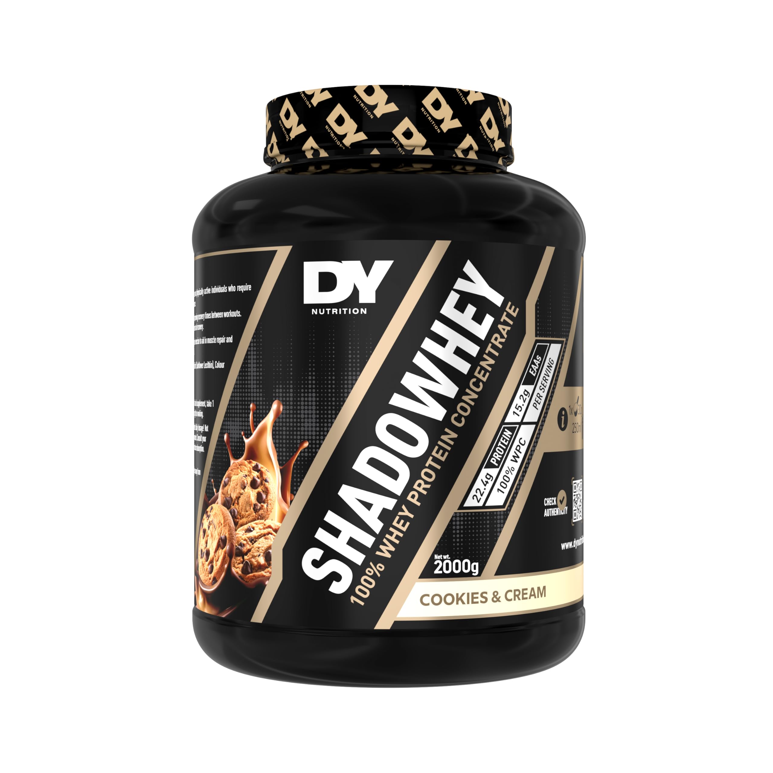 DY Nutrition - Shadowhey Whey Protein Concentrate Powder 2Kg | 23g Protein per Serving | 66 Servings | 7.3g of BCAAs | Sourced from EU Grass-Fed Cows | Easy Mix & Digest Formula (Cookies & Cream)